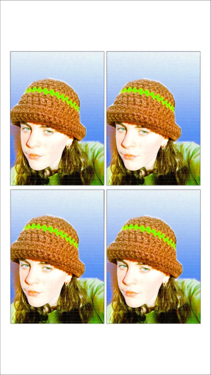 Handmade brown chunky crochet bowler hat with olive green stripe