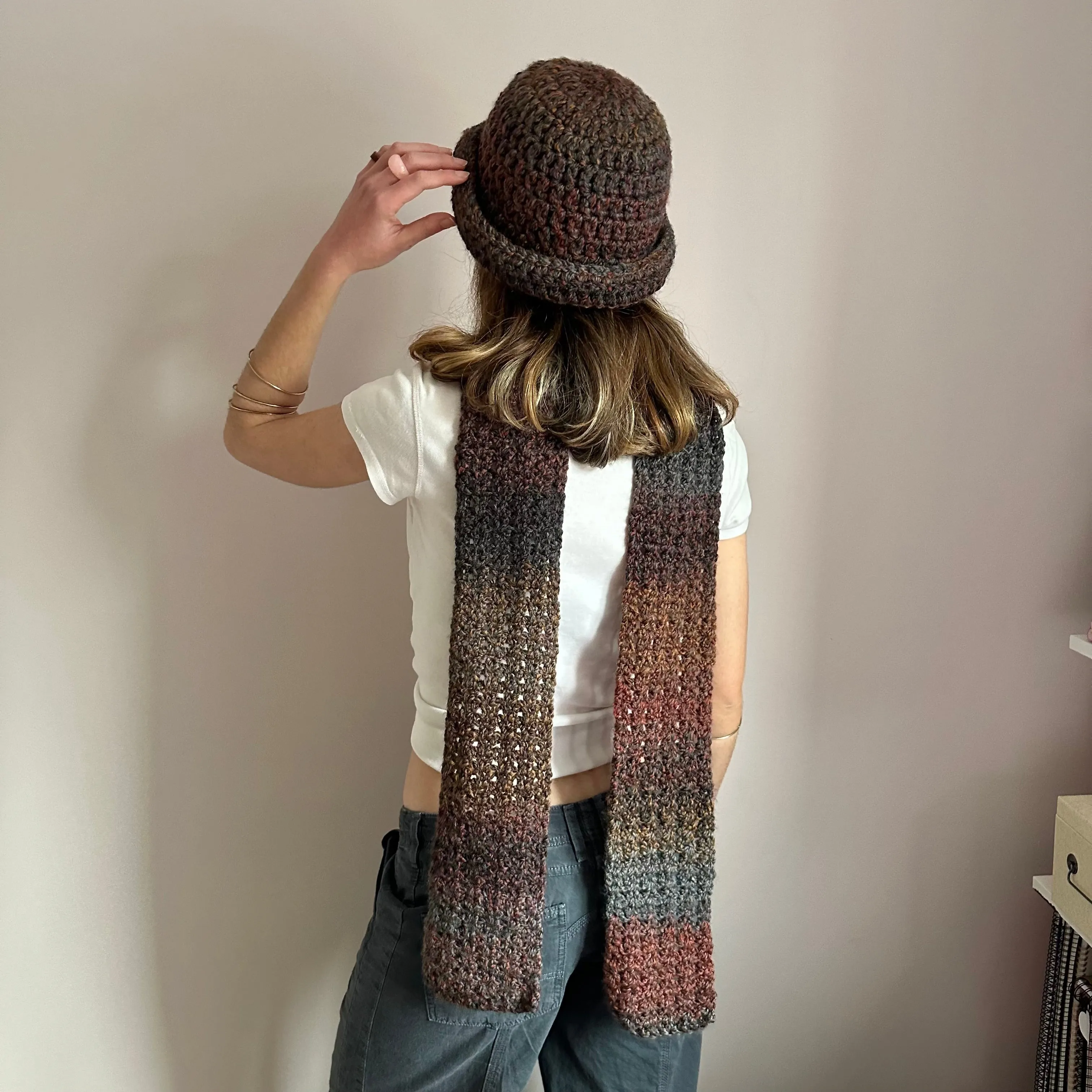 Handmade brown, grey and orange chunky crochet bowler hat