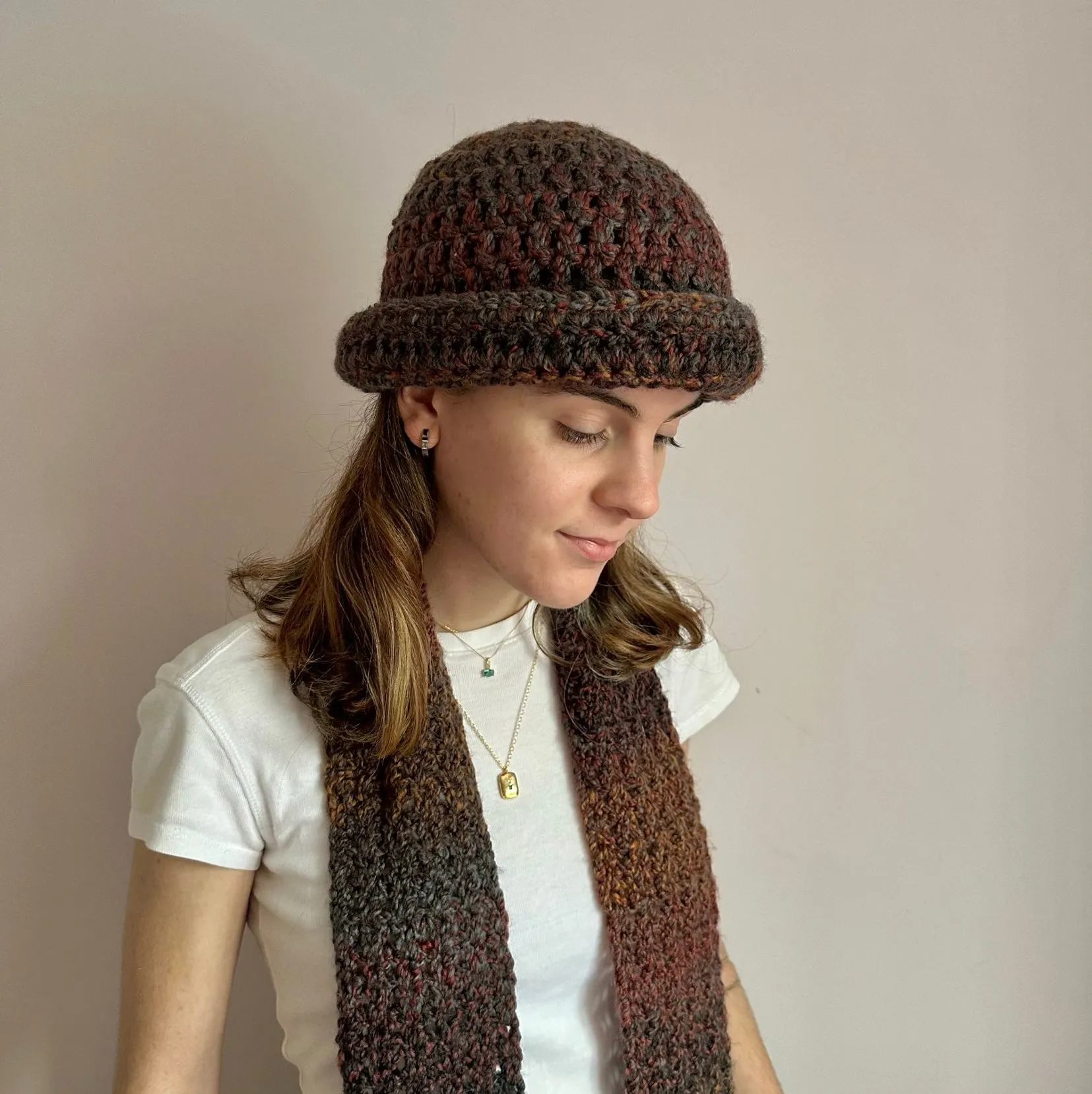 Handmade brown, grey and orange chunky crochet bowler hat