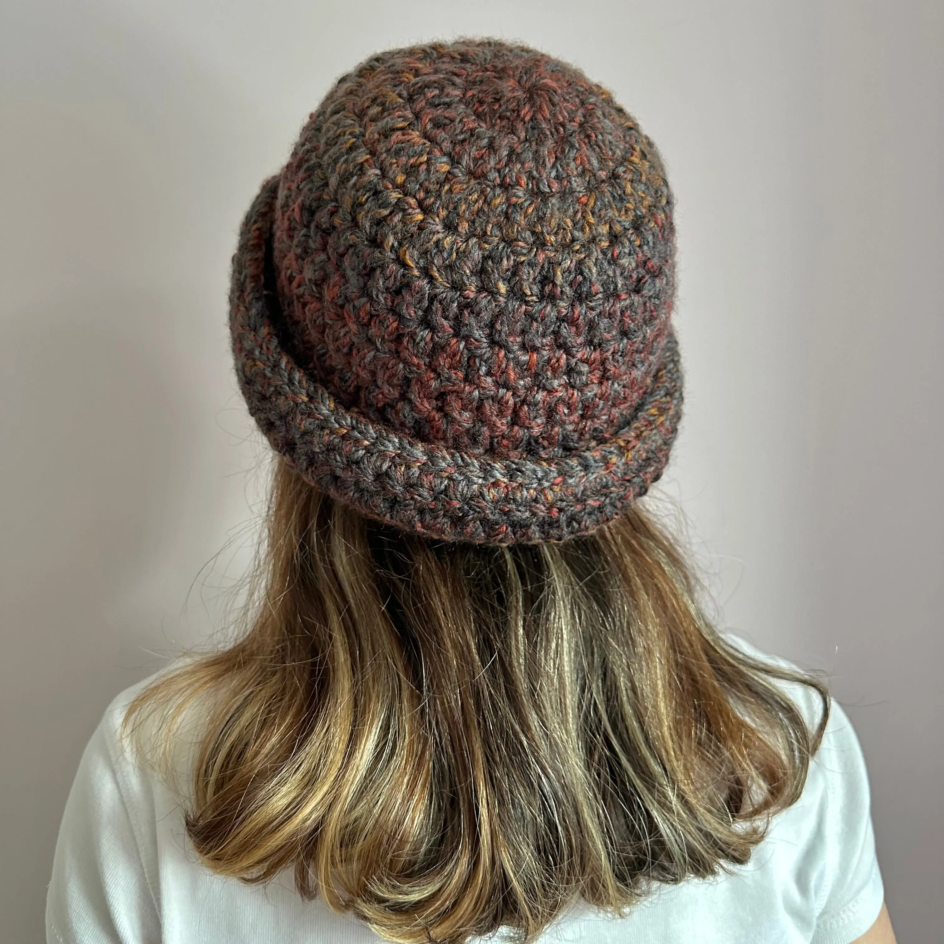 Handmade brown, grey and orange chunky crochet bowler hat