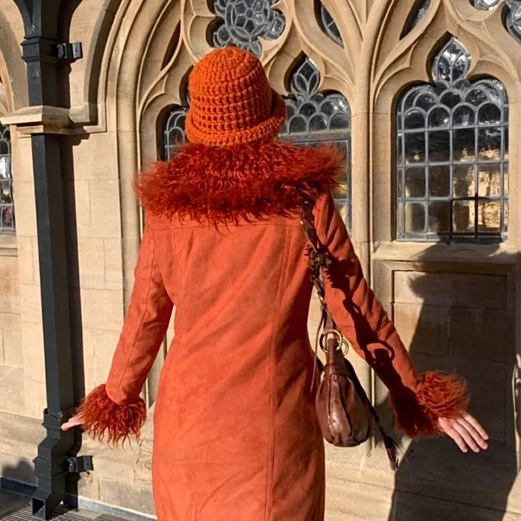 Handmade burnt orange chunky crochet bowler hat