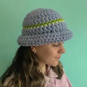 Handmade cornflower blue chunky crochet bowler hat with olive green and cream stripes