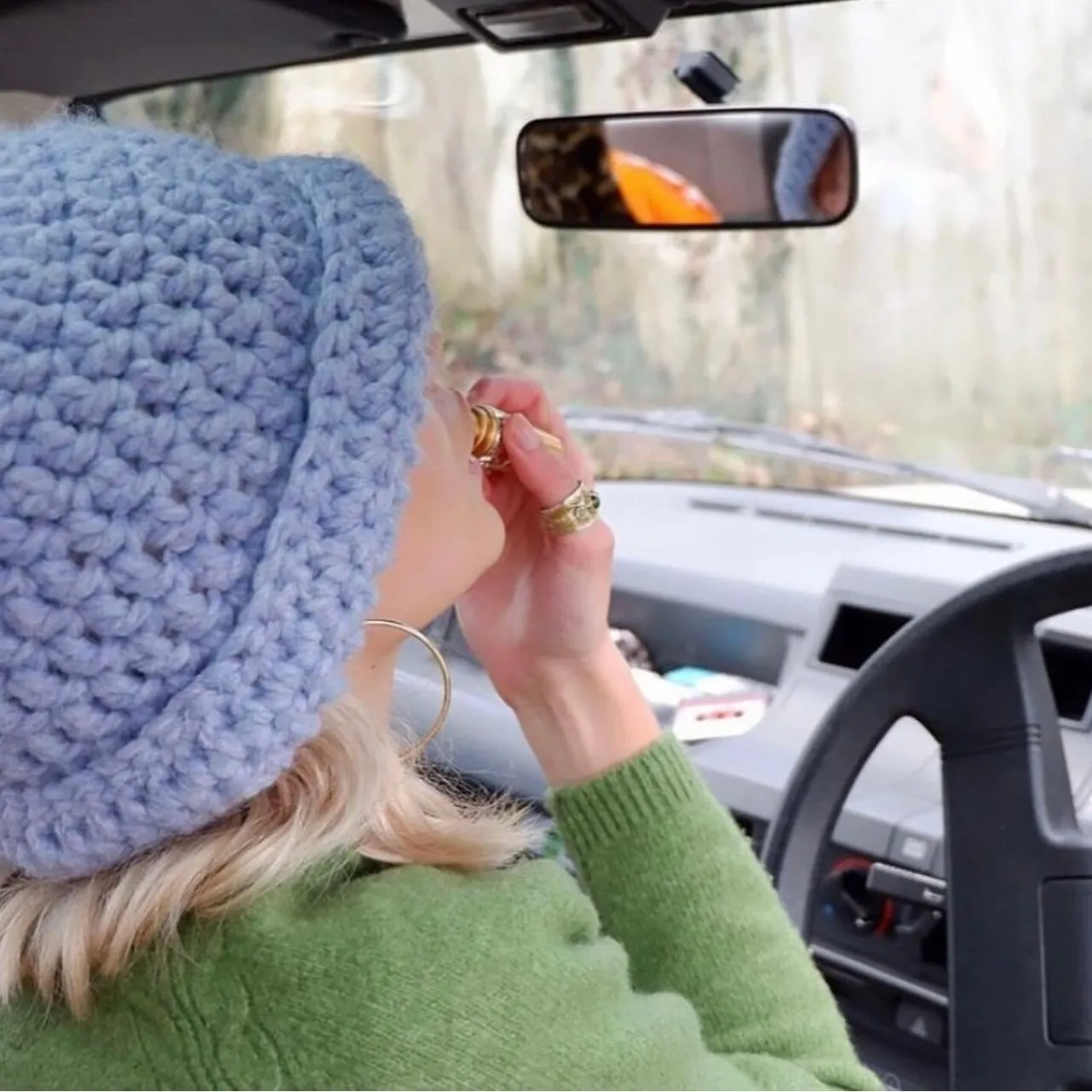 Handmade cornflower blue chunky crochet bowler hat