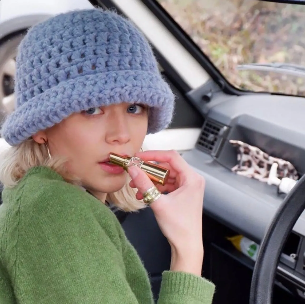 Handmade cornflower blue chunky crochet bowler hat