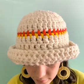 Handmade cream chunky bowler hat with red and yellow stripes