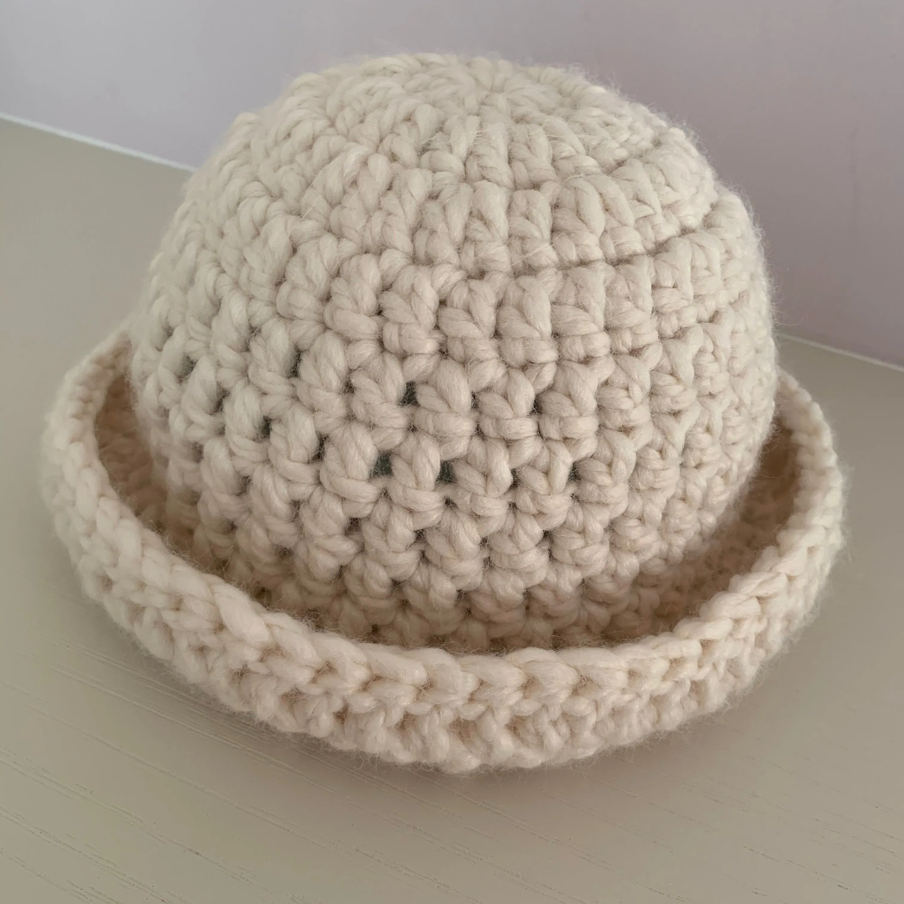 Handmade cream chunky crochet bowler hat