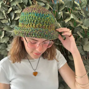 Handmade green and purple chunky crochet bowler hat