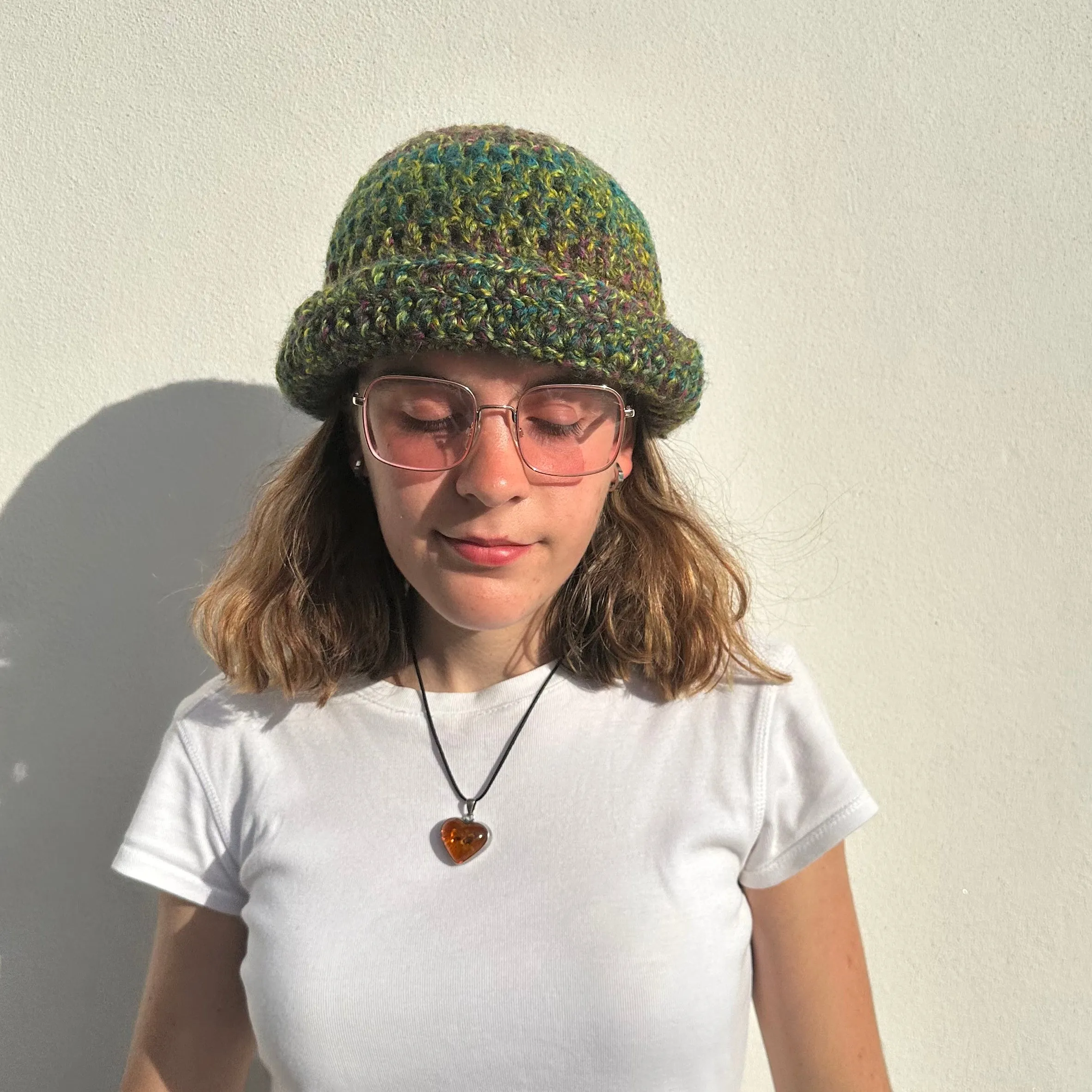 Handmade green and purple chunky crochet bowler hat