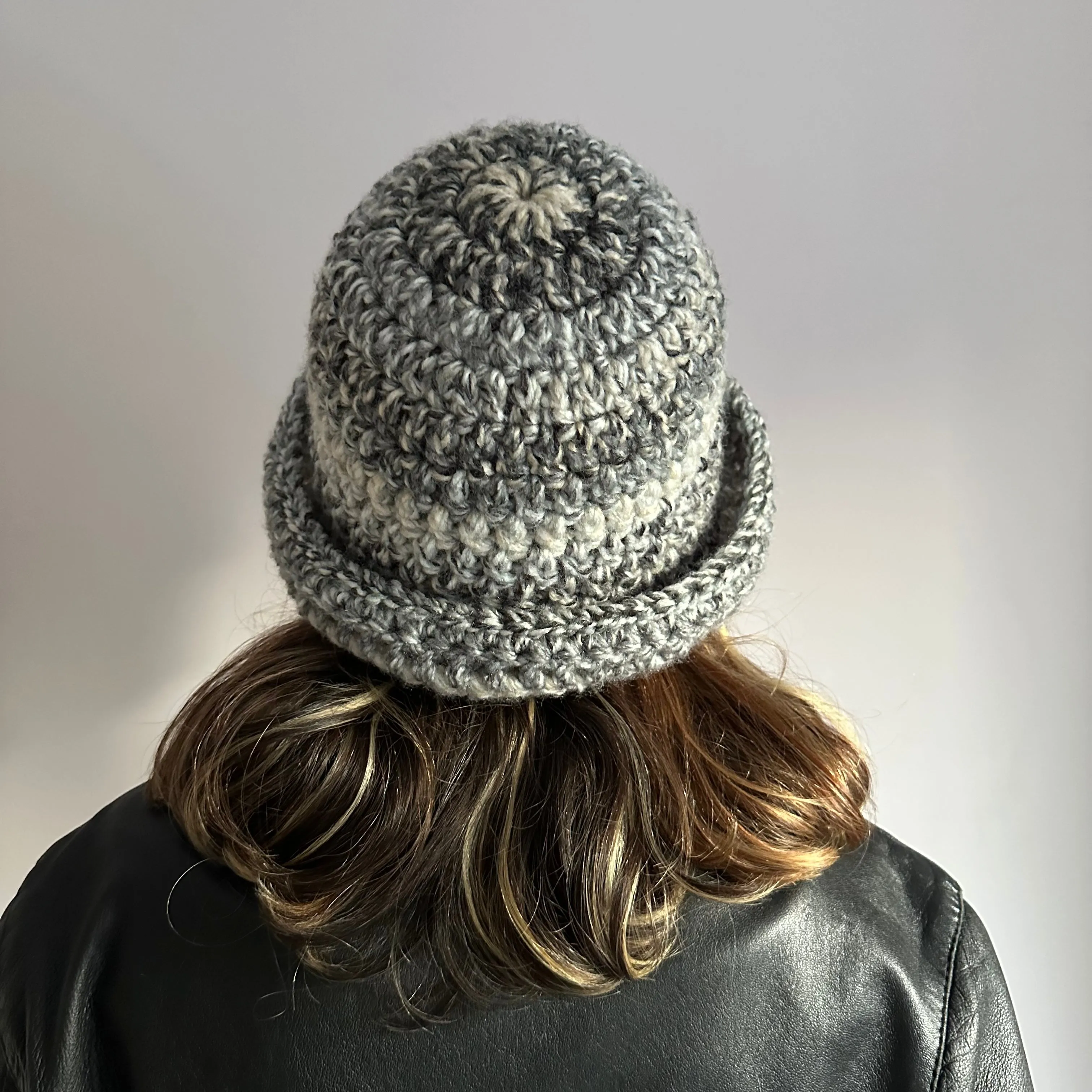 Handmade grey and cream chunky crochet bowler hat