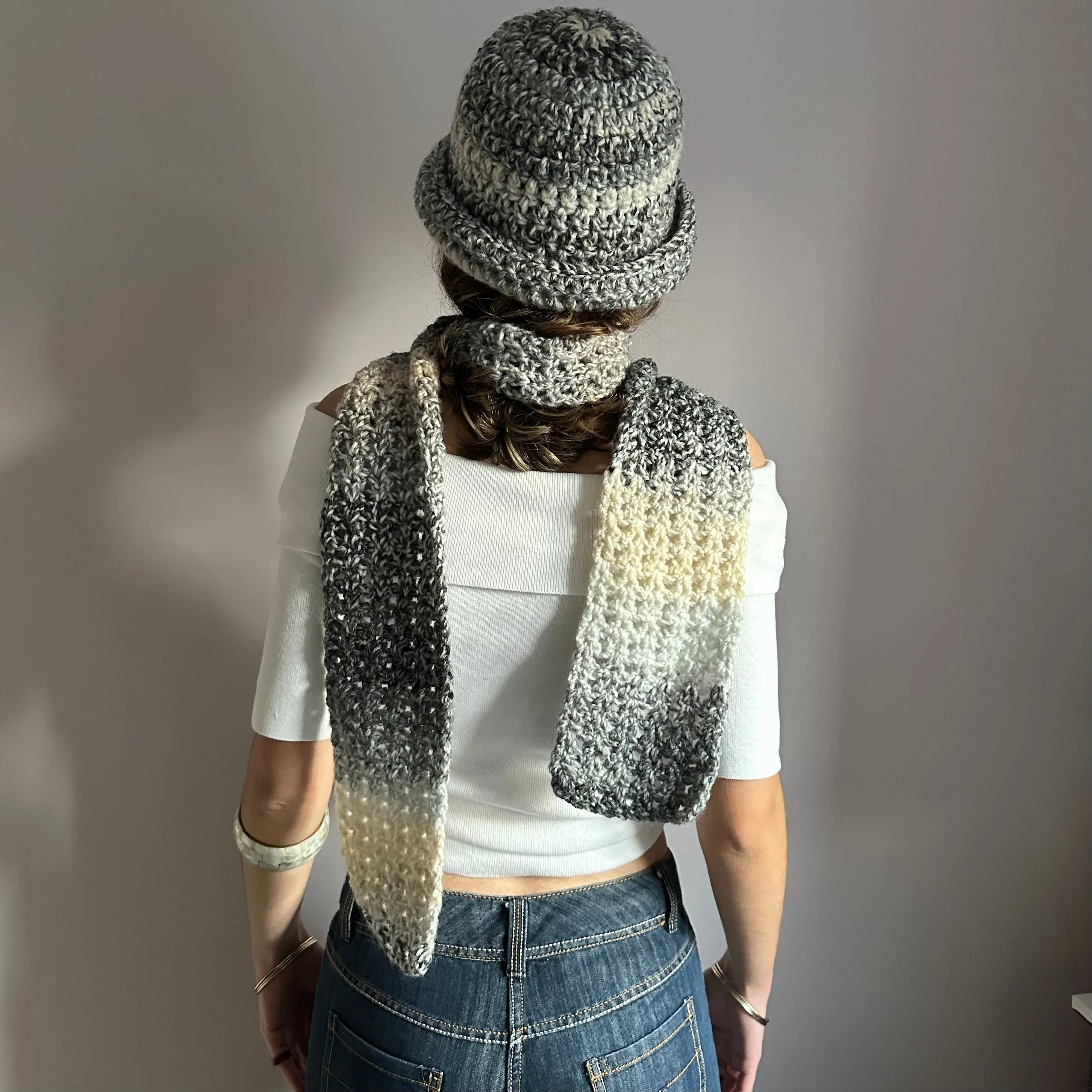 Handmade grey and cream chunky crochet bowler hat