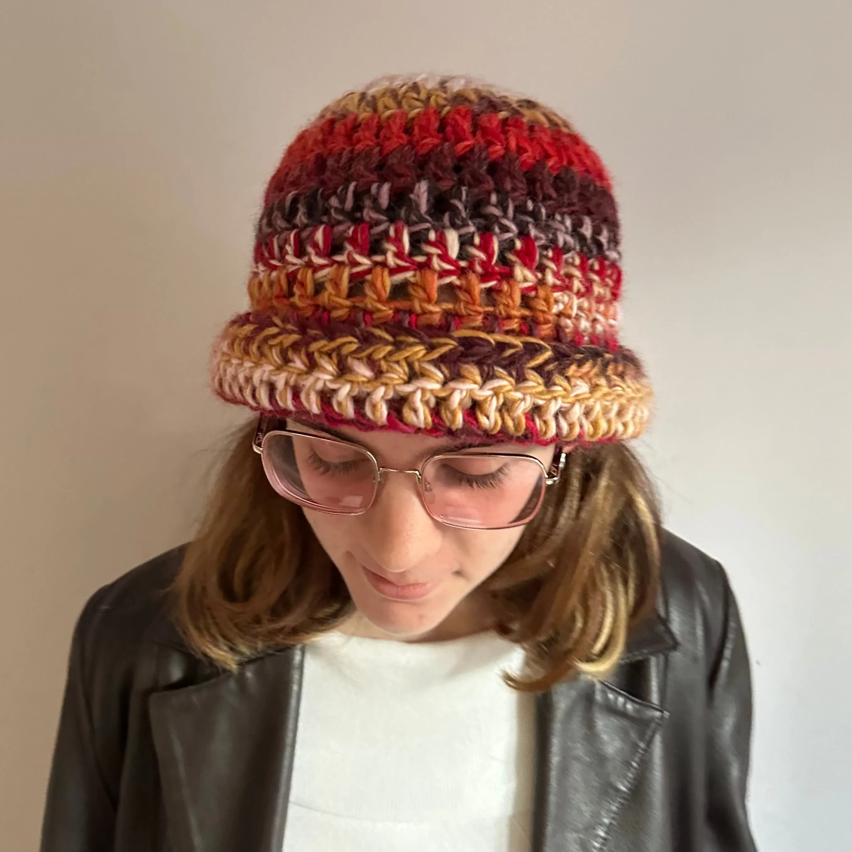 Handmade mulitcoloured red, black and mustard yellow chunky crochet bowler hat