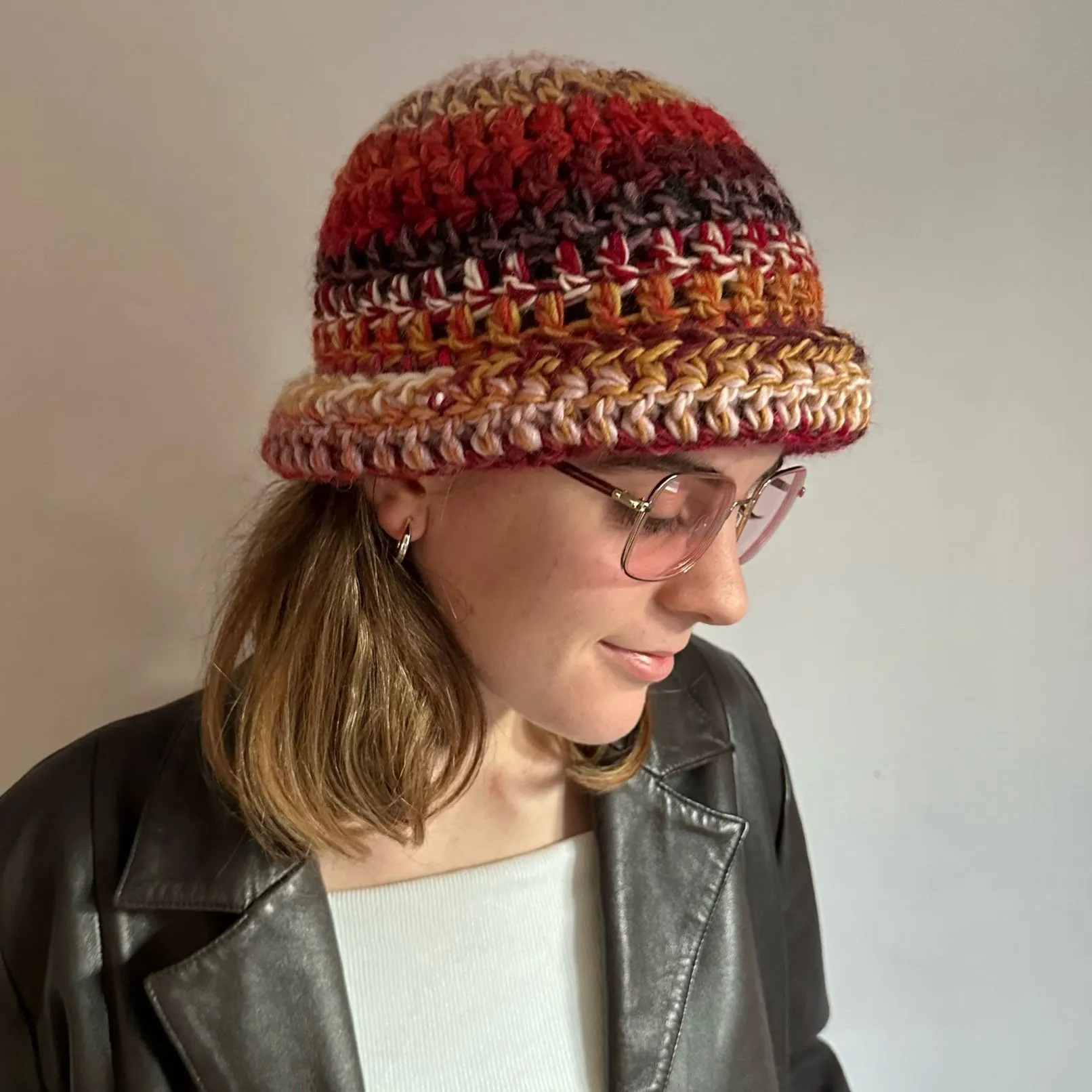 Handmade mulitcoloured red, black and mustard yellow chunky crochet bowler hat