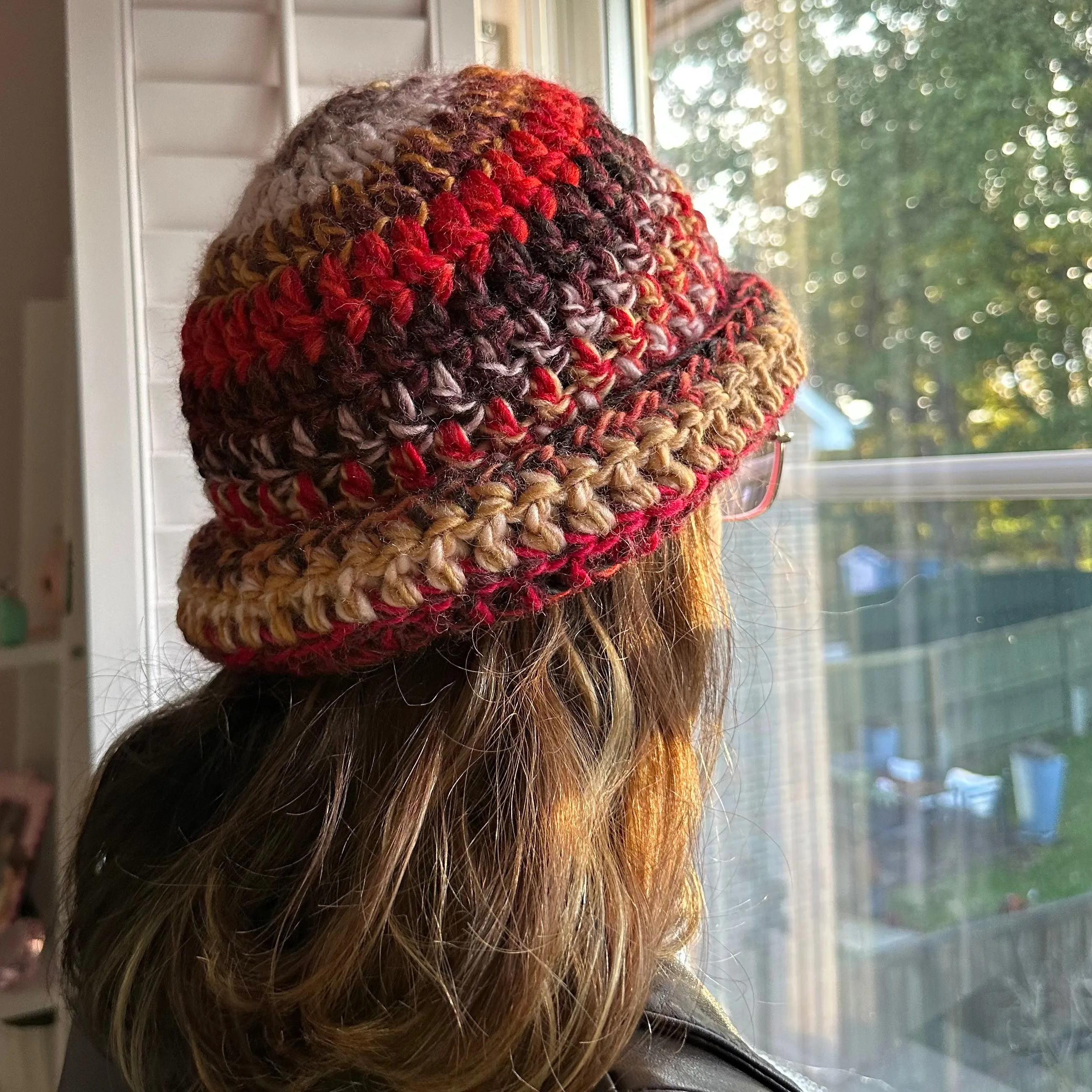 Handmade mulitcoloured red, black and mustard yellow chunky crochet bowler hat