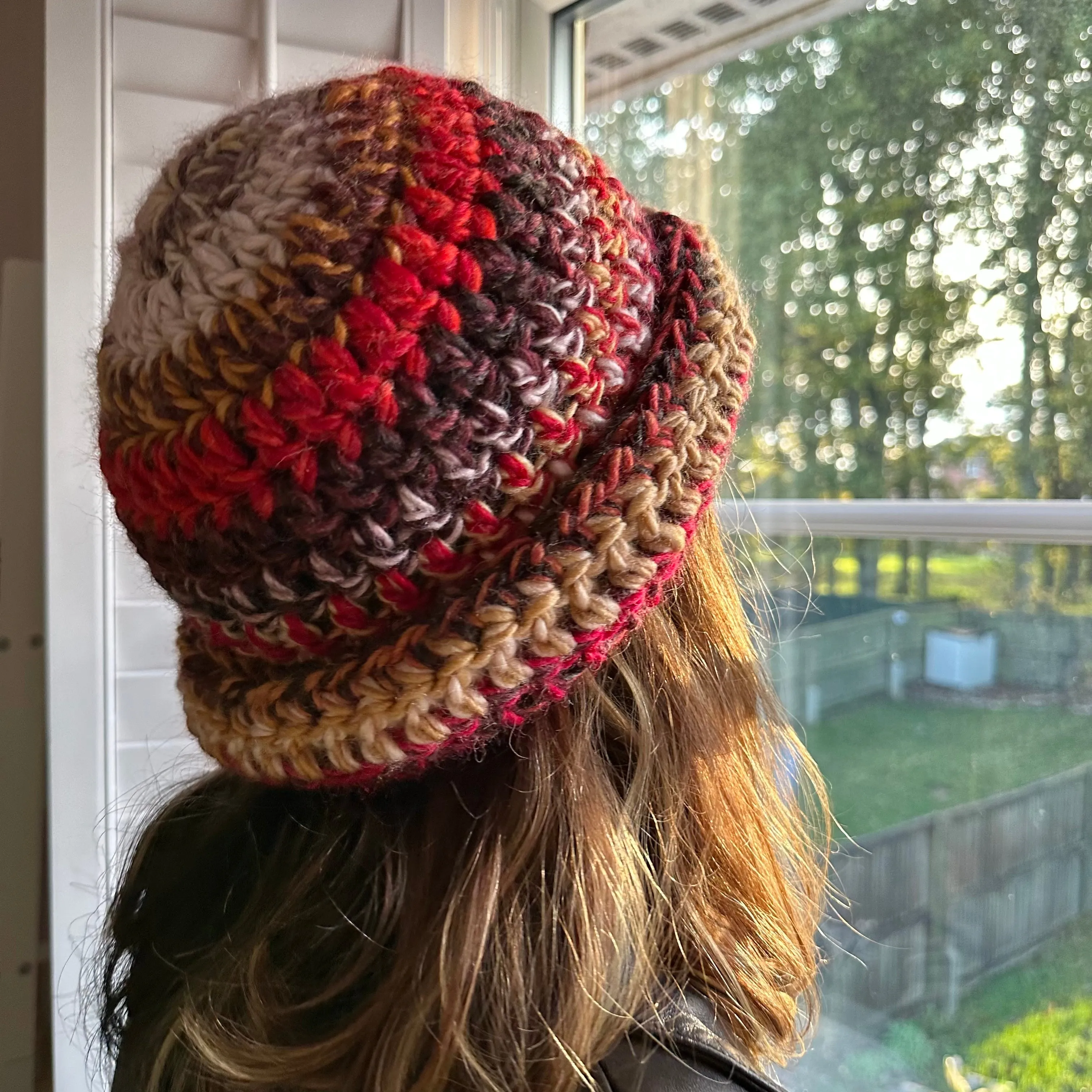 Handmade mulitcoloured red, black and mustard yellow chunky crochet bowler hat