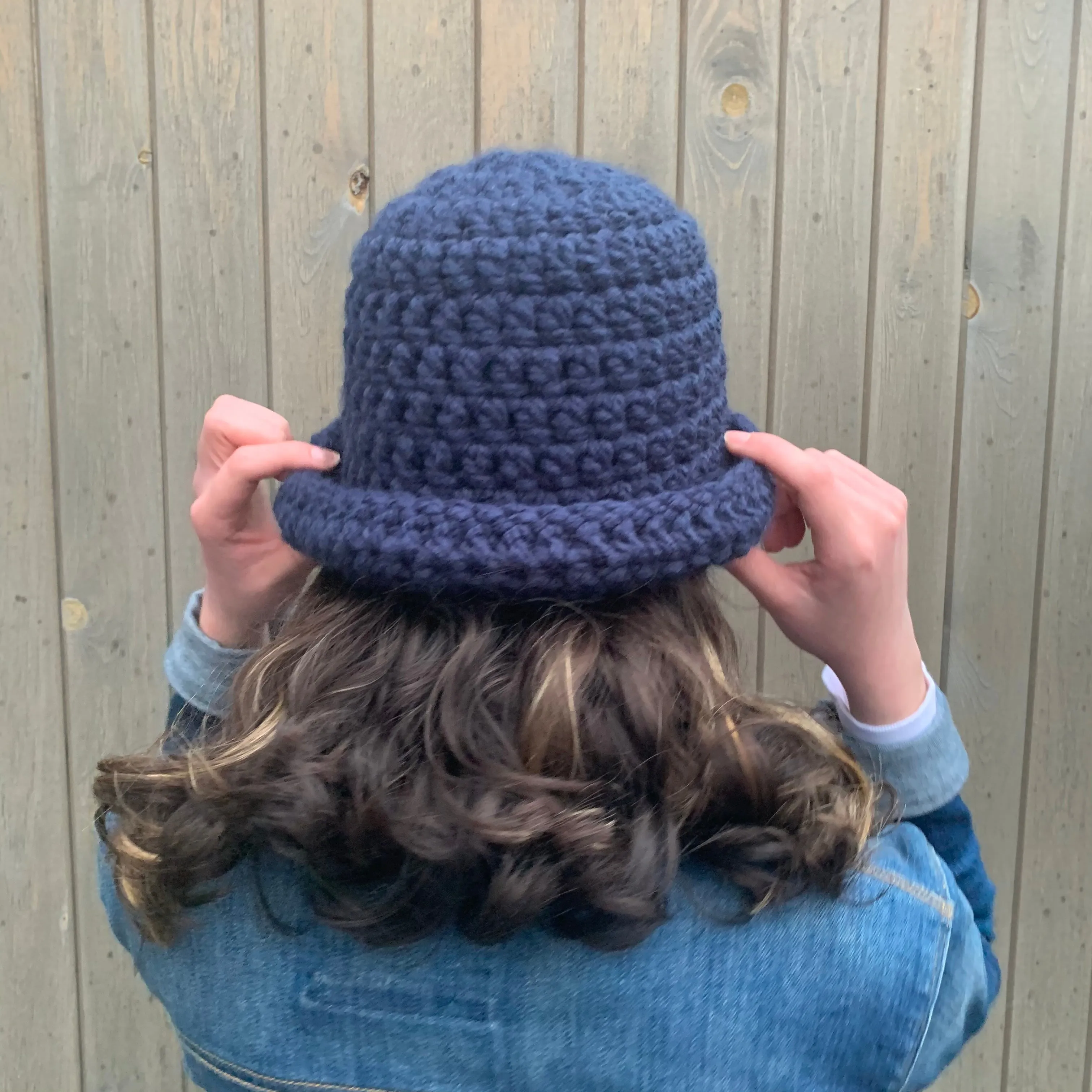 Handmade navy blue chunky crochet bowler hat