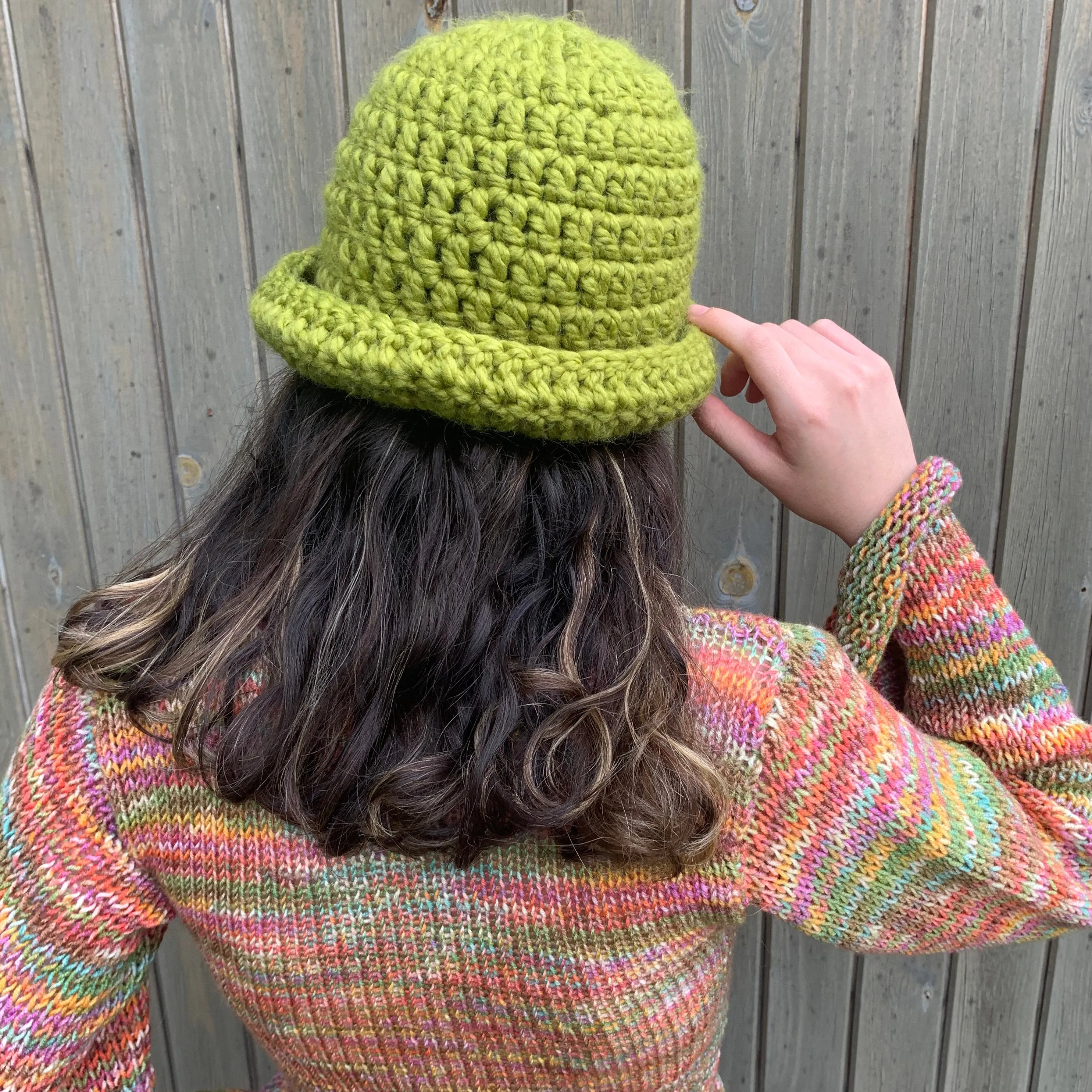 Handmade olive green chunky crochet bowler hat