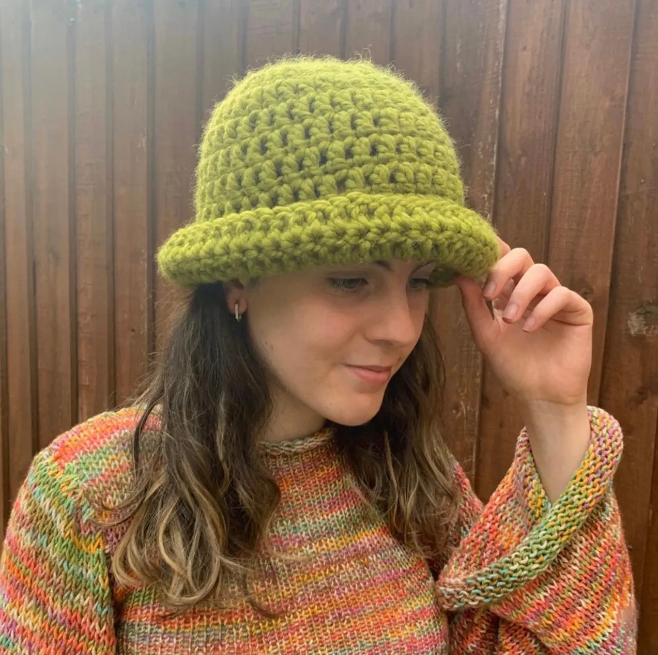 Handmade olive green chunky crochet bowler hat