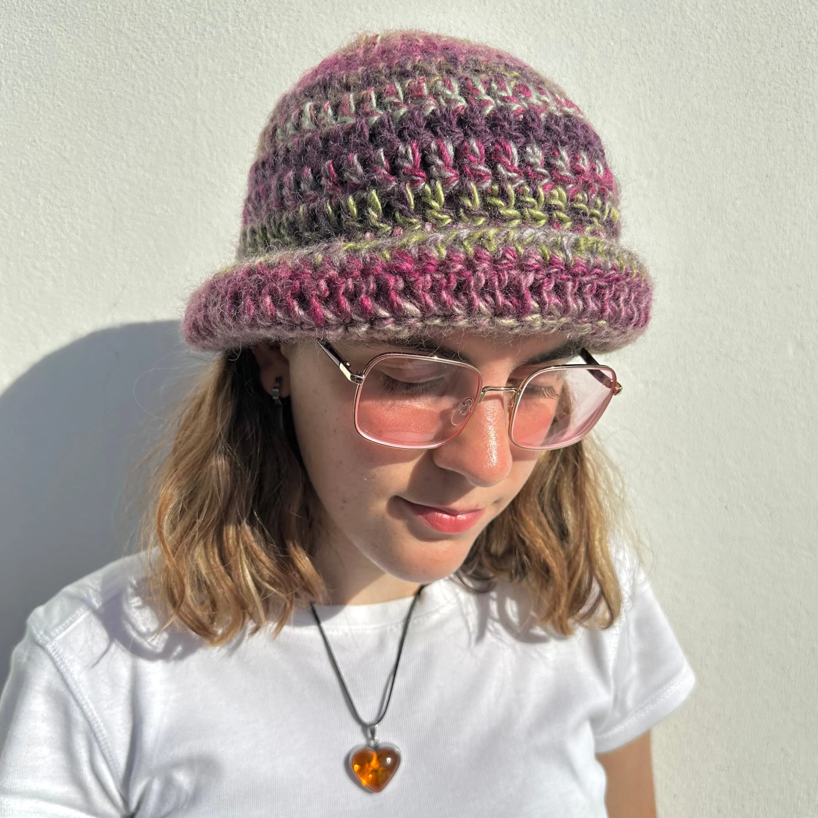 Handmade purple and green chunky crochet bowler hat