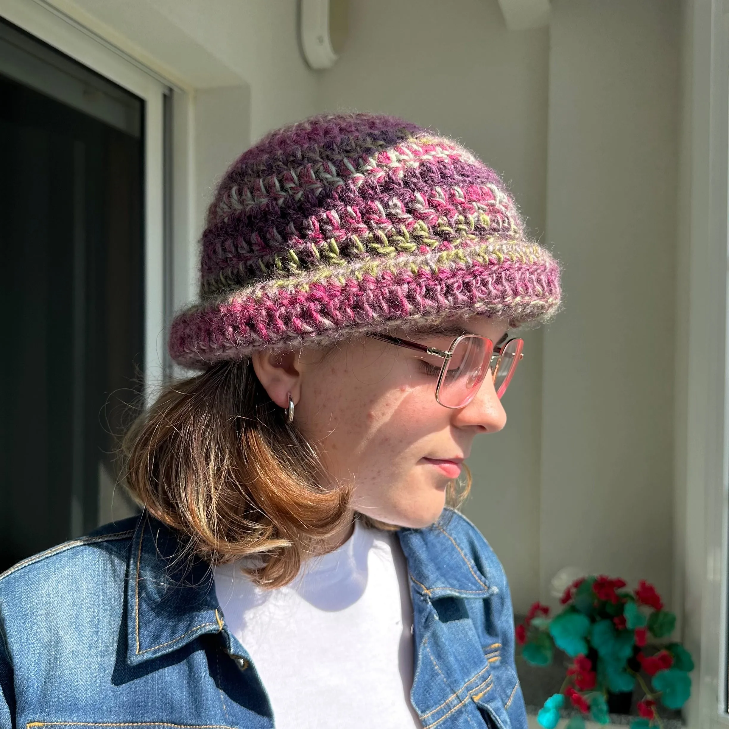 Handmade purple and green chunky crochet bowler hat