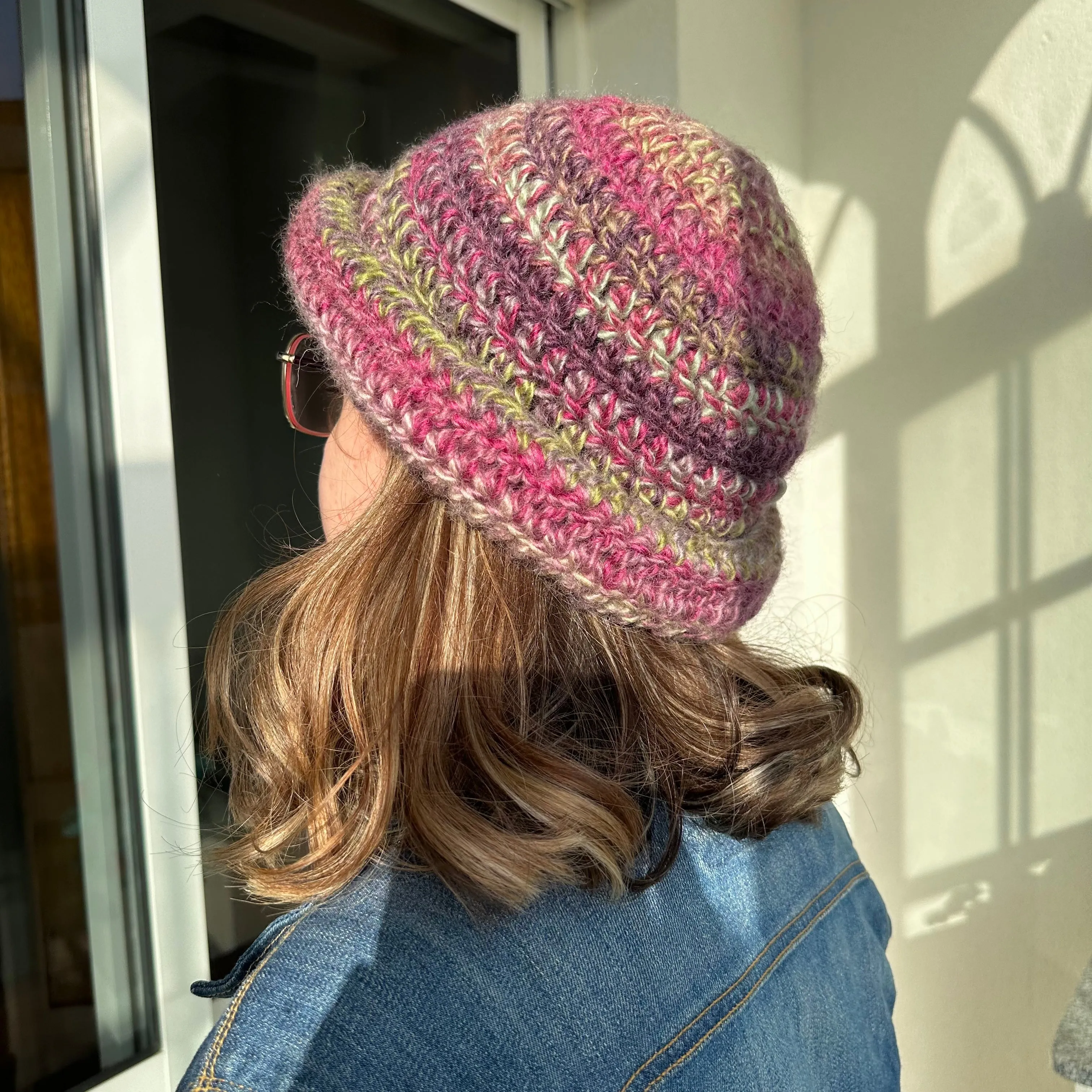 Handmade purple and green chunky crochet bowler hat