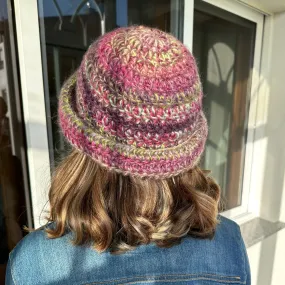 Handmade purple and green chunky crochet bowler hat