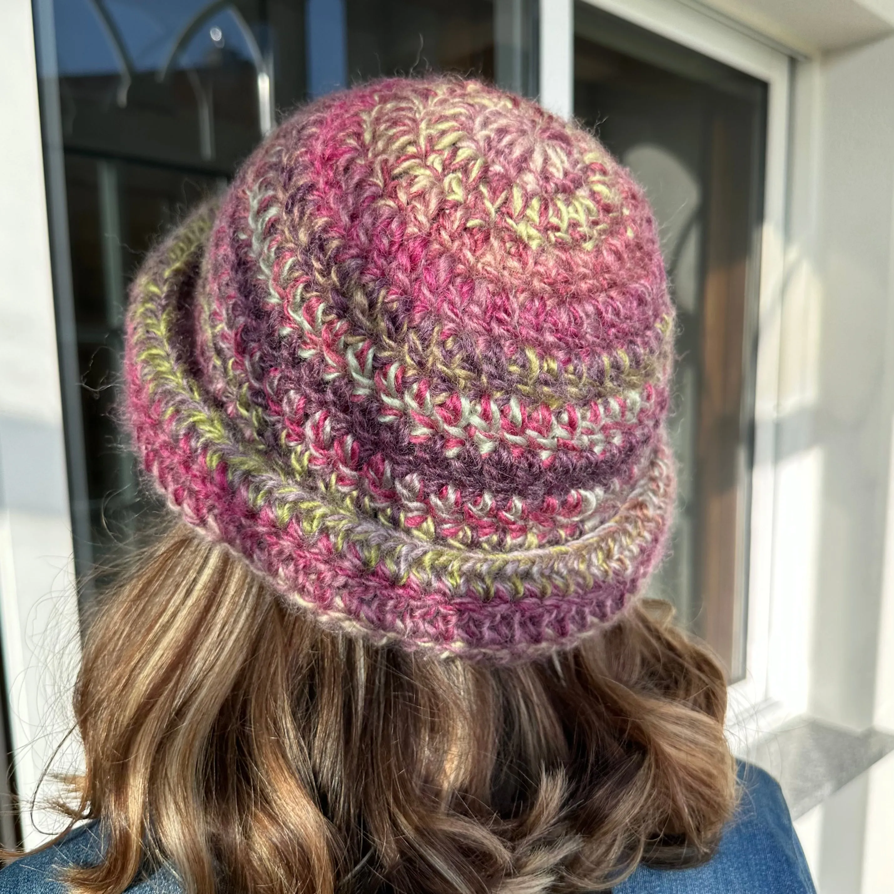 Handmade purple and green chunky crochet bowler hat