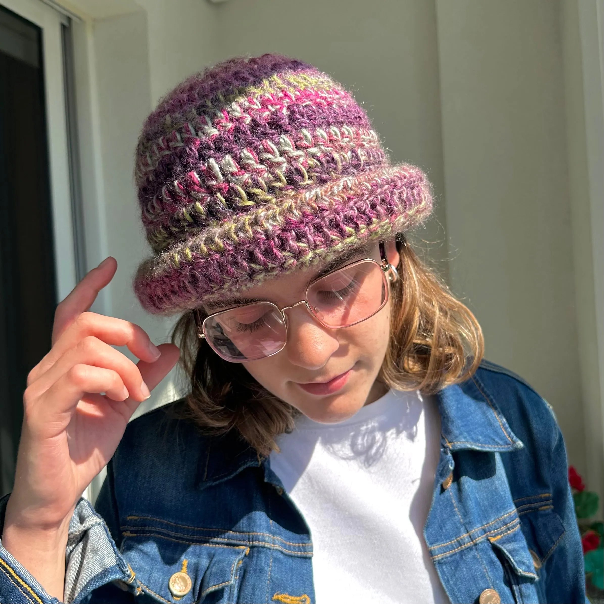 Handmade purple and green chunky crochet bowler hat