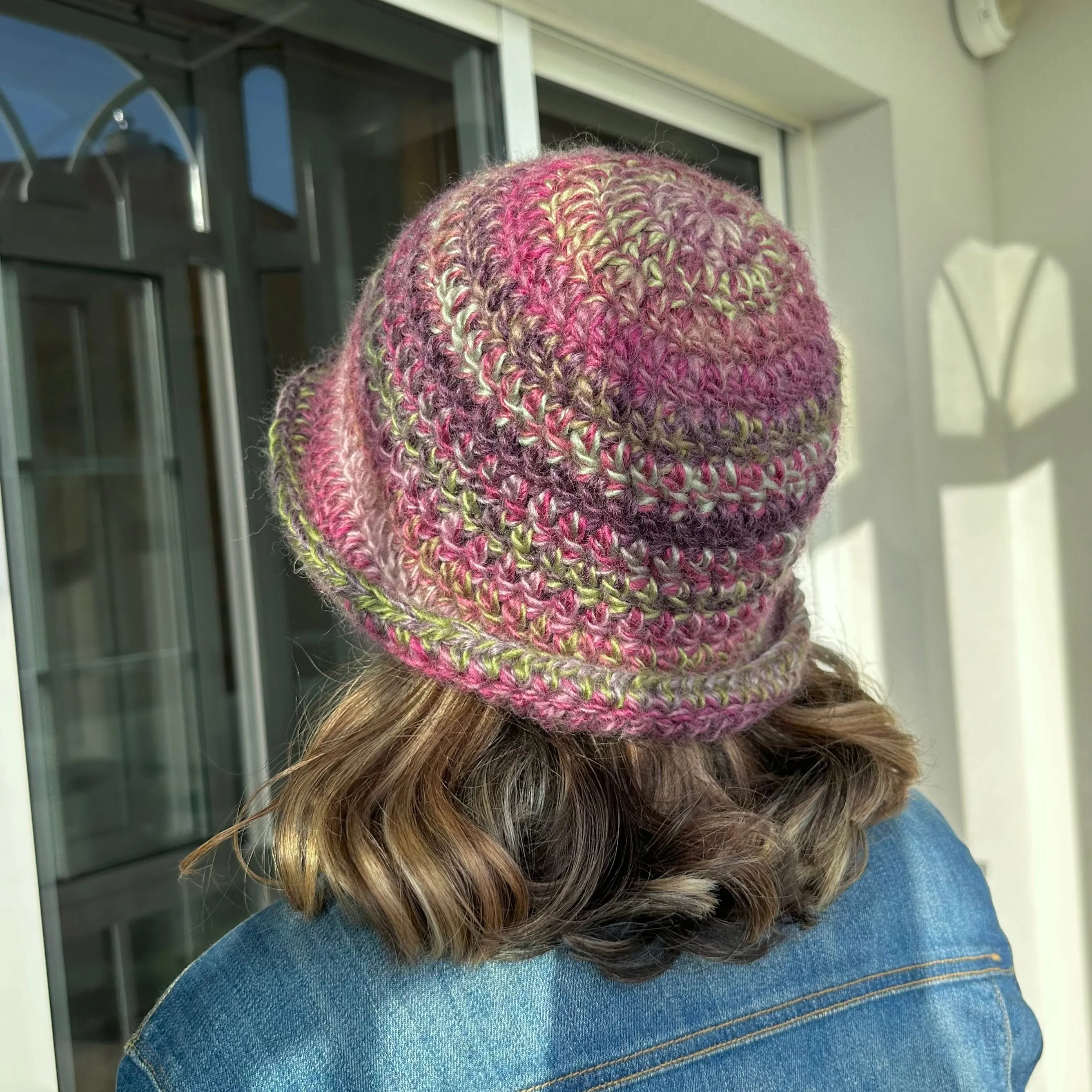 Handmade purple and green chunky crochet bowler hat