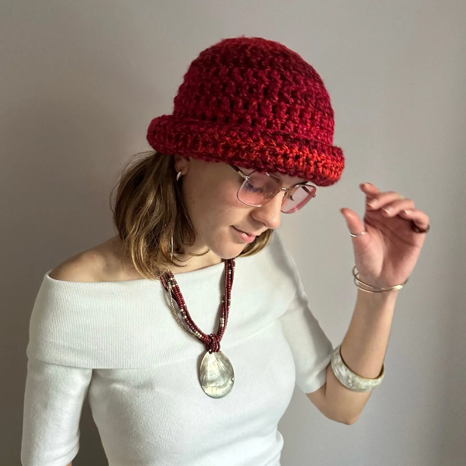 Handmade red ombré chunky crochet bowler hat