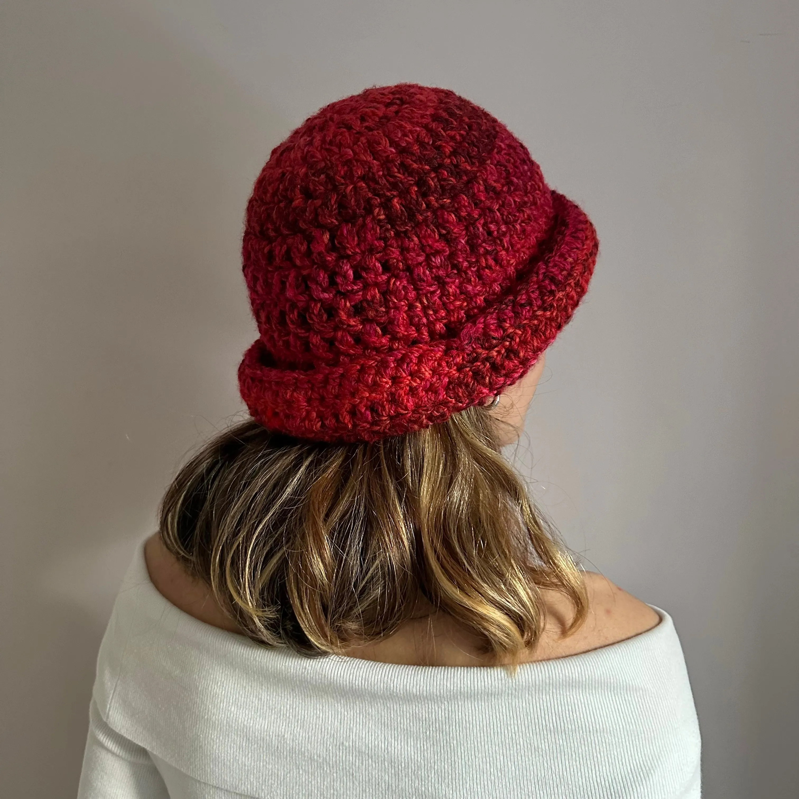 Handmade red ombré chunky crochet bowler hat