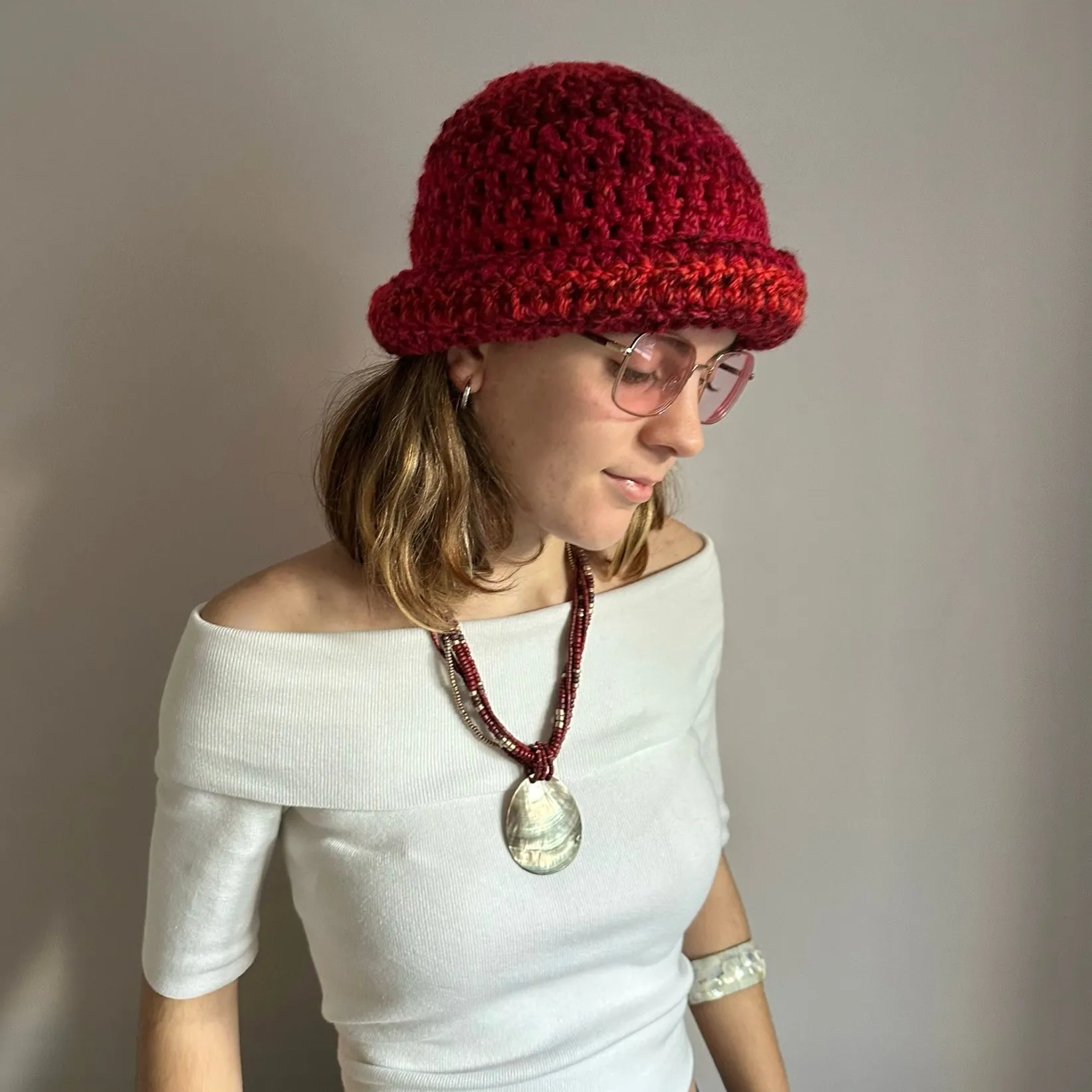 Handmade red ombré chunky crochet bowler hat