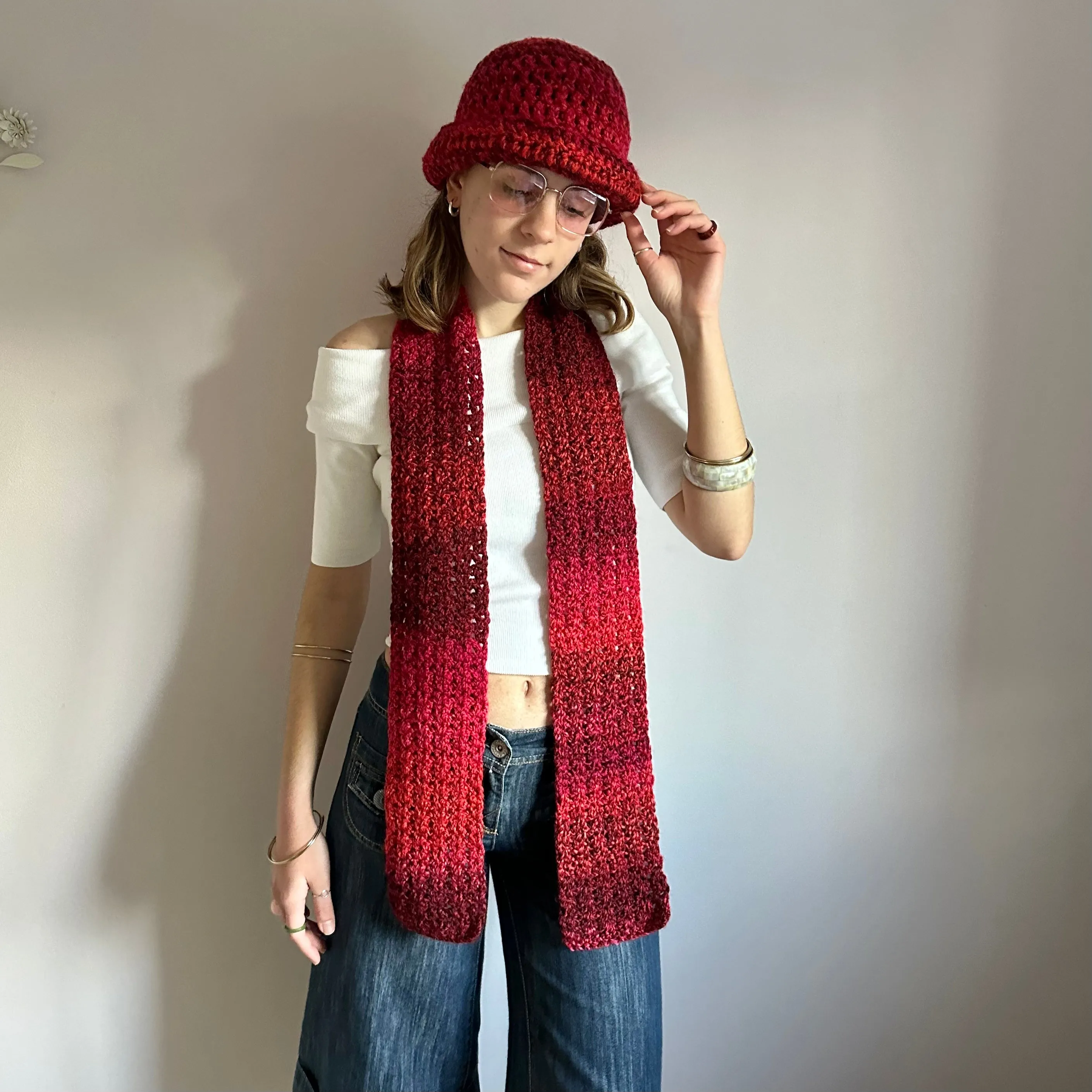 Handmade red ombré chunky crochet bowler hat