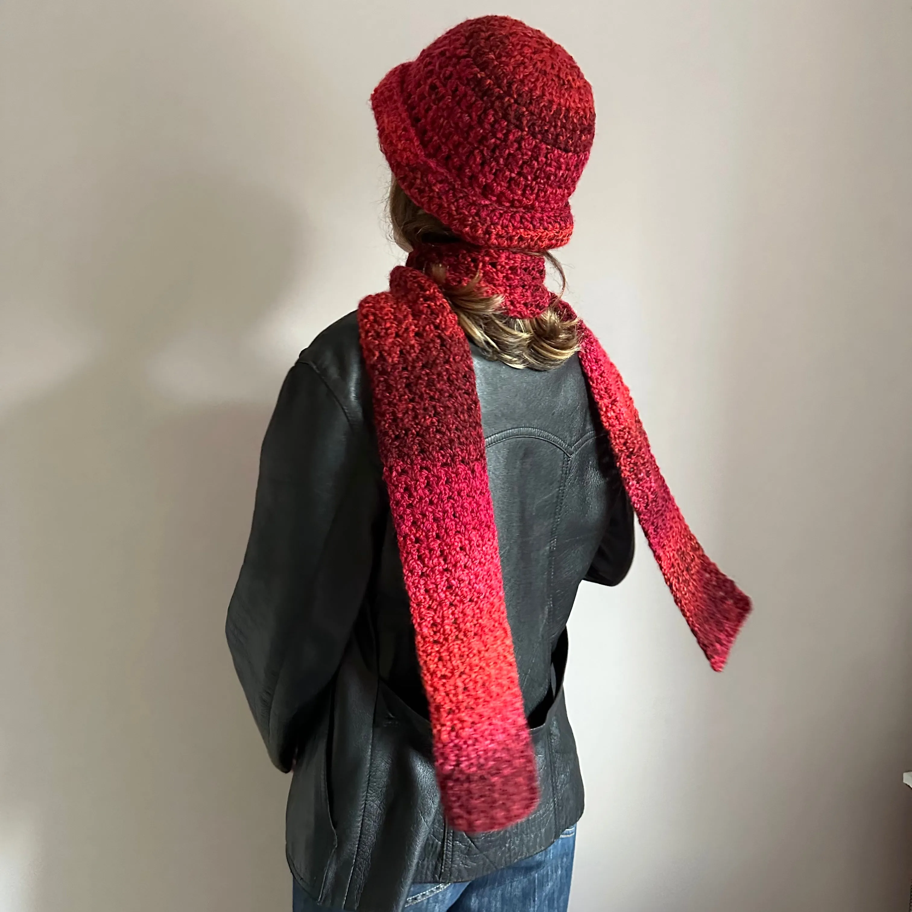 Handmade red ombré chunky crochet bowler hat