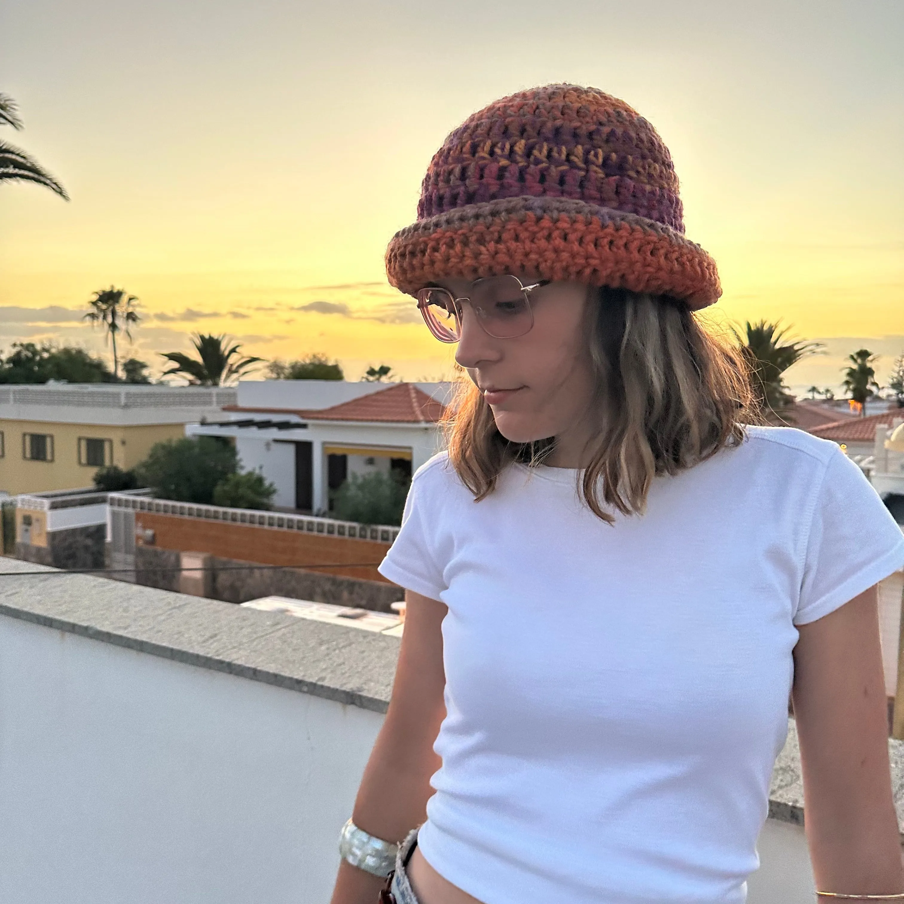 Handmade sunset shades chunky crochet bowler hat