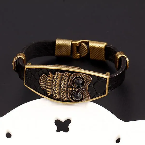 High Quality Vintage Classic Animal Owl Black Leather Charm Bracelet Acrylic eyes Alloy Easy Hook Men Bracelets Accessories