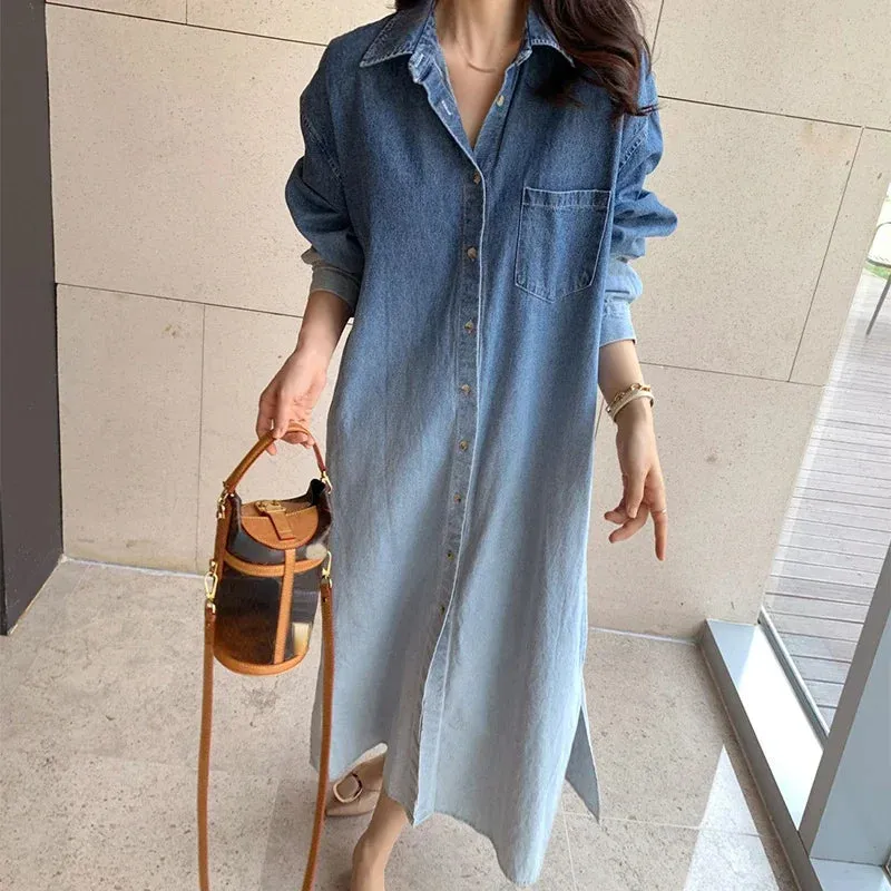 Hnzxzm Japan Style Harajuku Chic Button Up Long Denim Dress Women Autumn Winter New Design Fashion Casual Streetwear Lady Jean Dresses