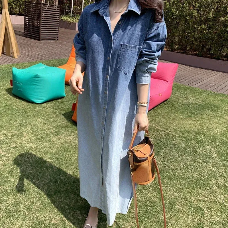 Hnzxzm Japan Style Harajuku Chic Button Up Long Denim Dress Women Autumn Winter New Design Fashion Casual Streetwear Lady Jean Dresses