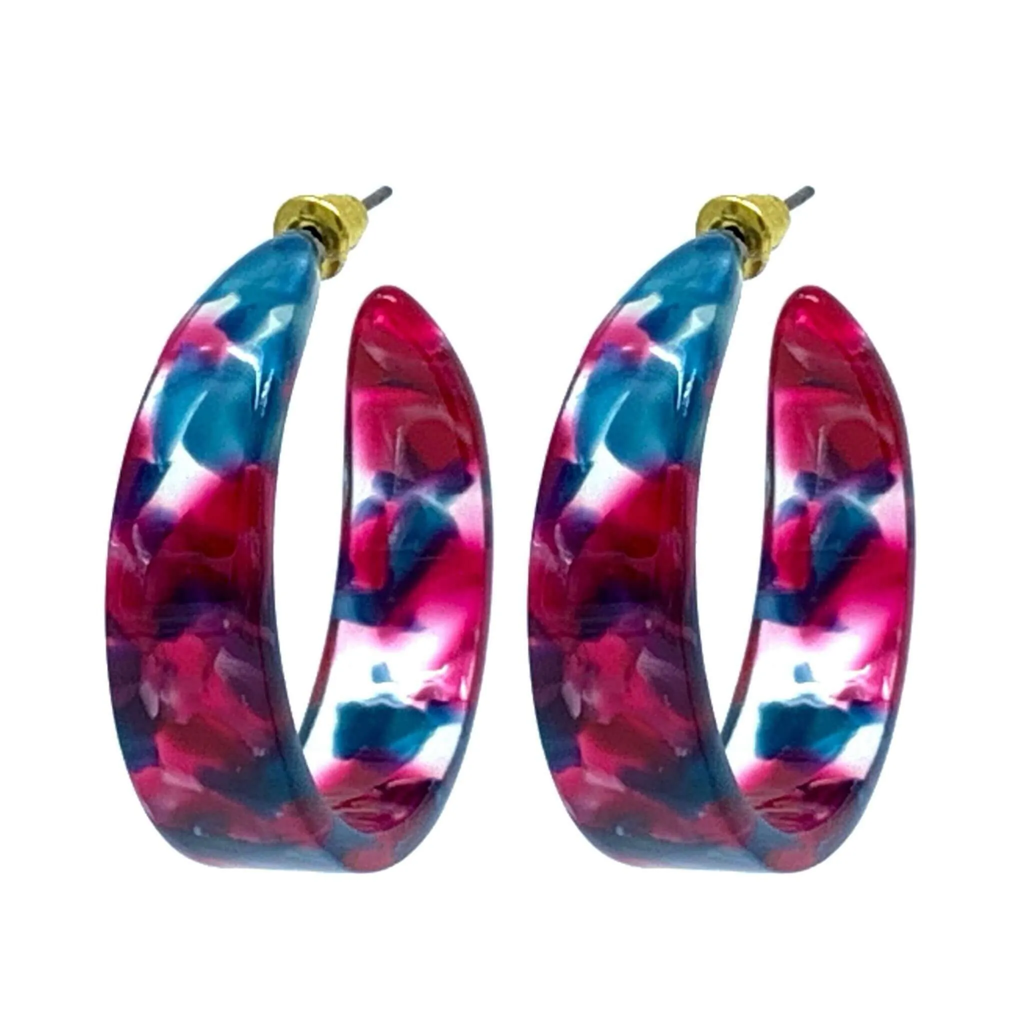 Hot Pink And Blue Resin Hoop Earrings