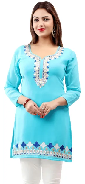 Indian Tunics Kurti Top Blouse Women's India Clothes ( Blue)