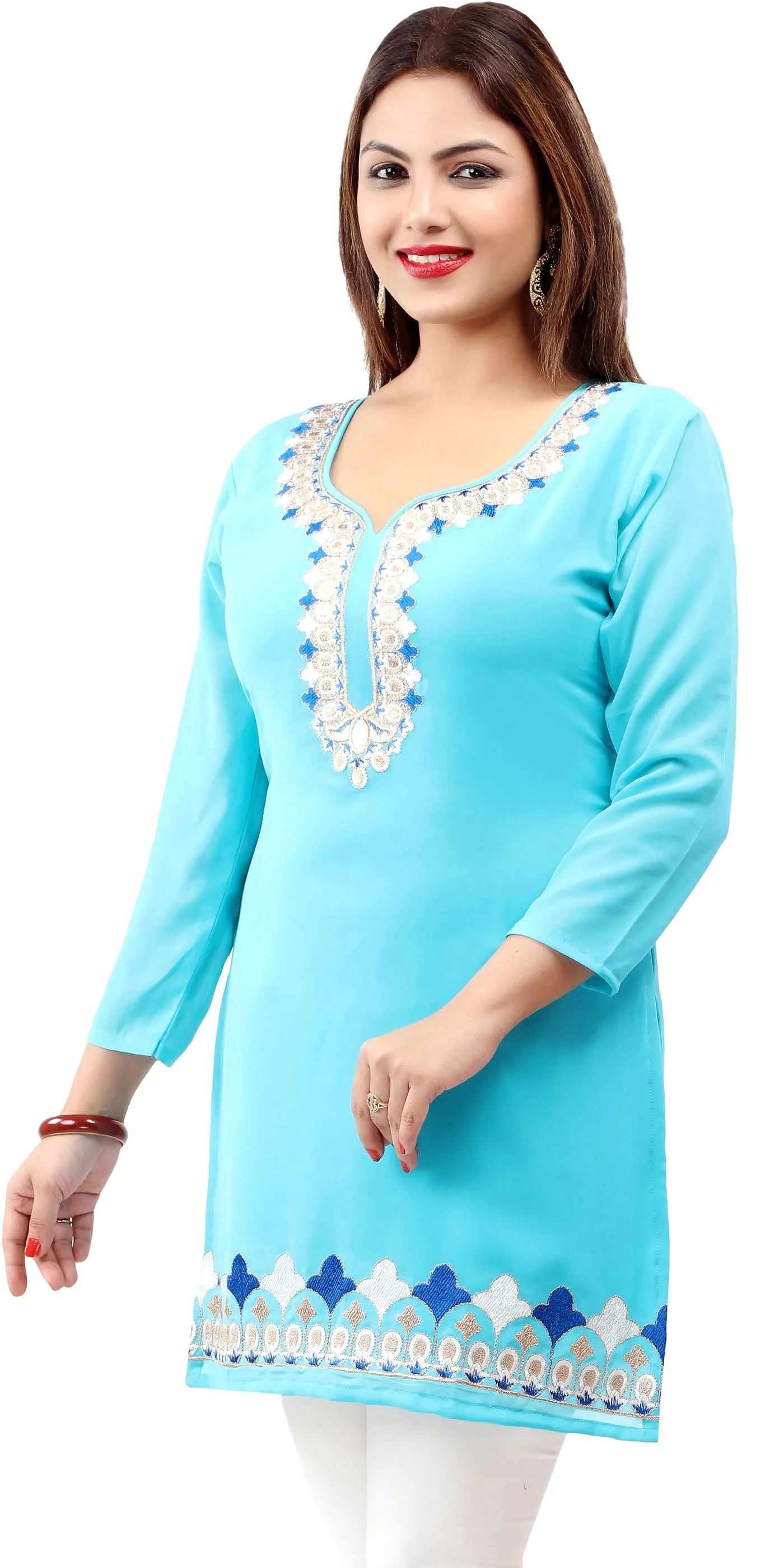 Indian Tunics Kurti Top Blouse Women's India Clothes ( Blue)