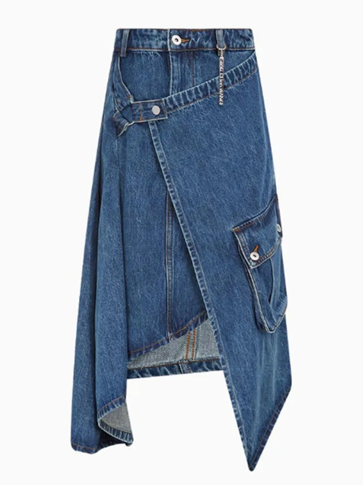 Irregular Denim  High Waist Patchwork Pockets Midi Asymmetrical Skirt