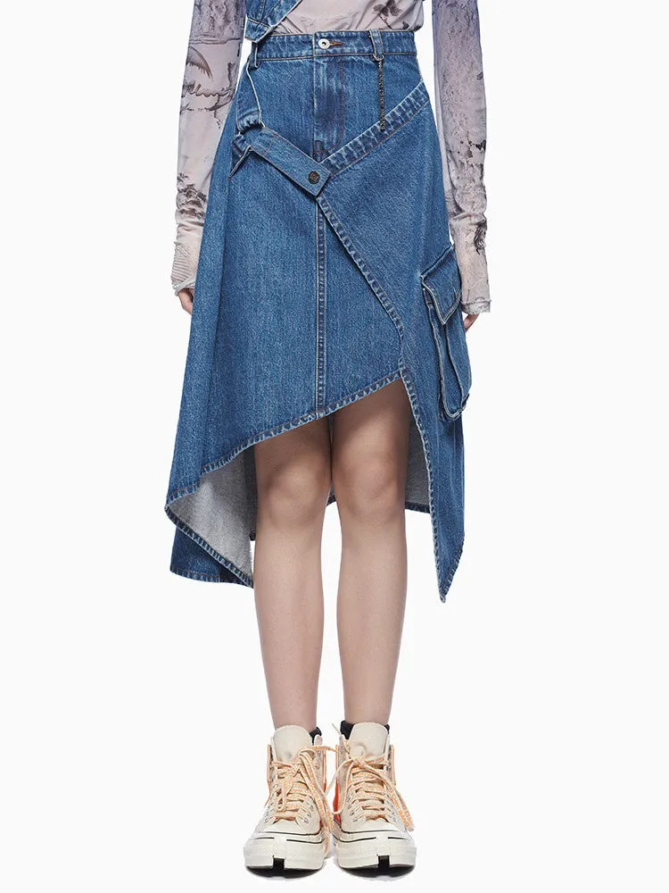 Irregular Denim  High Waist Patchwork Pockets Midi Asymmetrical Skirt