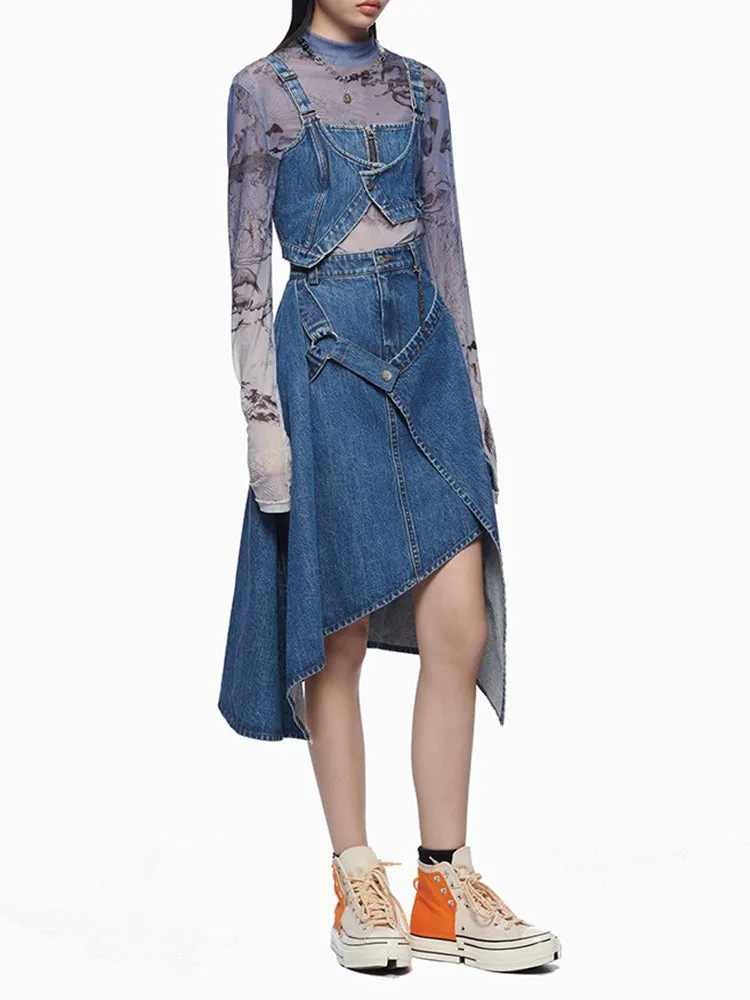 Irregular Denim  High Waist Patchwork Pockets Midi Asymmetrical Skirt