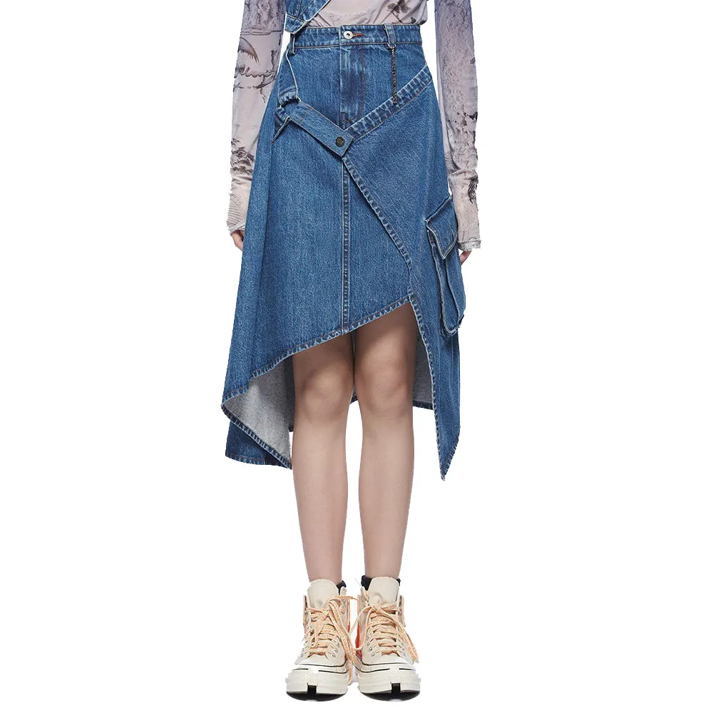 Irregular Denim  High Waist Patchwork Pockets Midi Asymmetrical Skirt