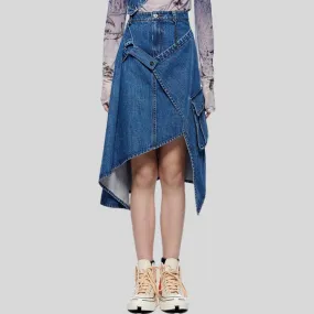 Irregular Denim  High Waist Patchwork Pockets Midi Asymmetrical Skirt