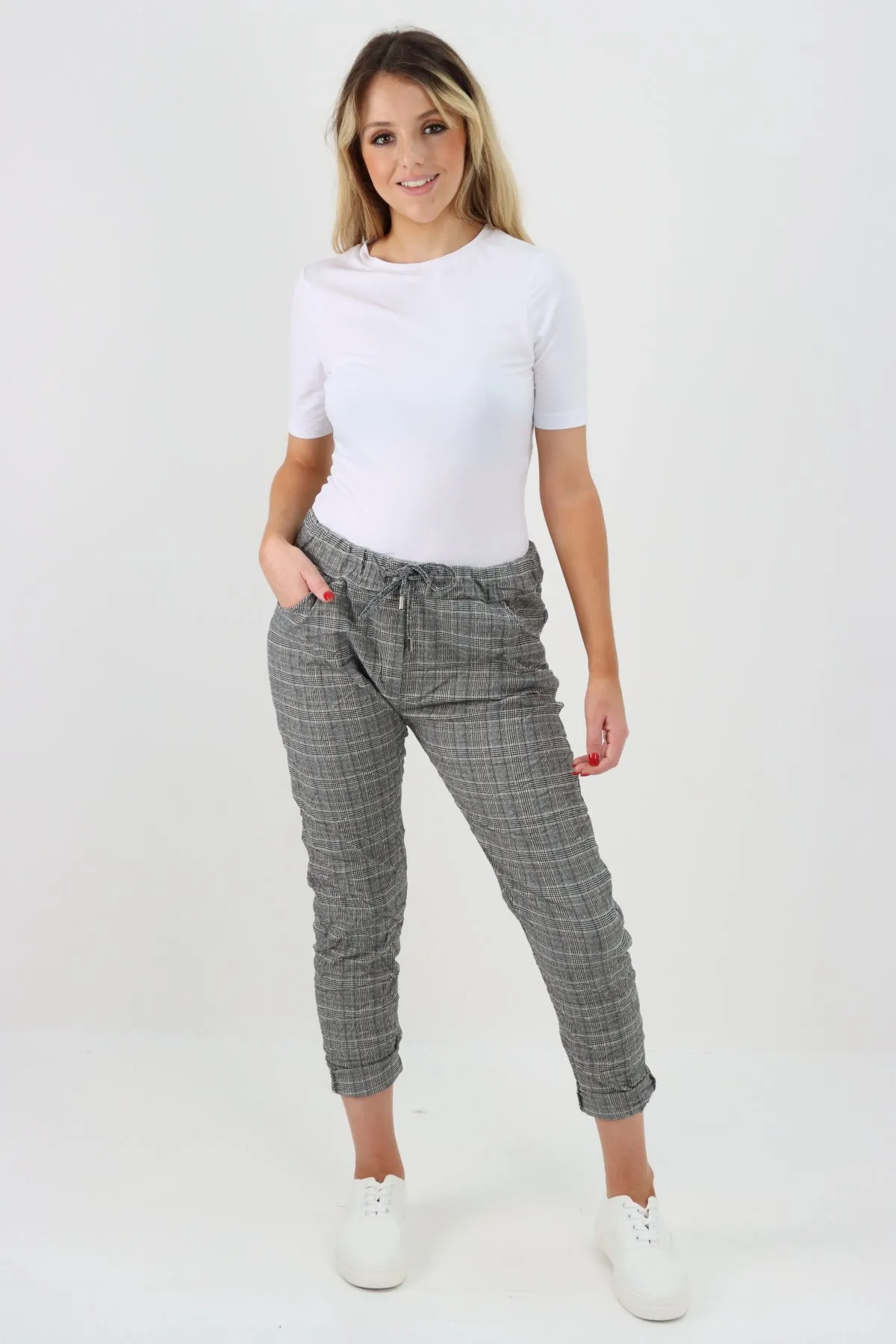 Italian Checked Print Stretch Magic Pants