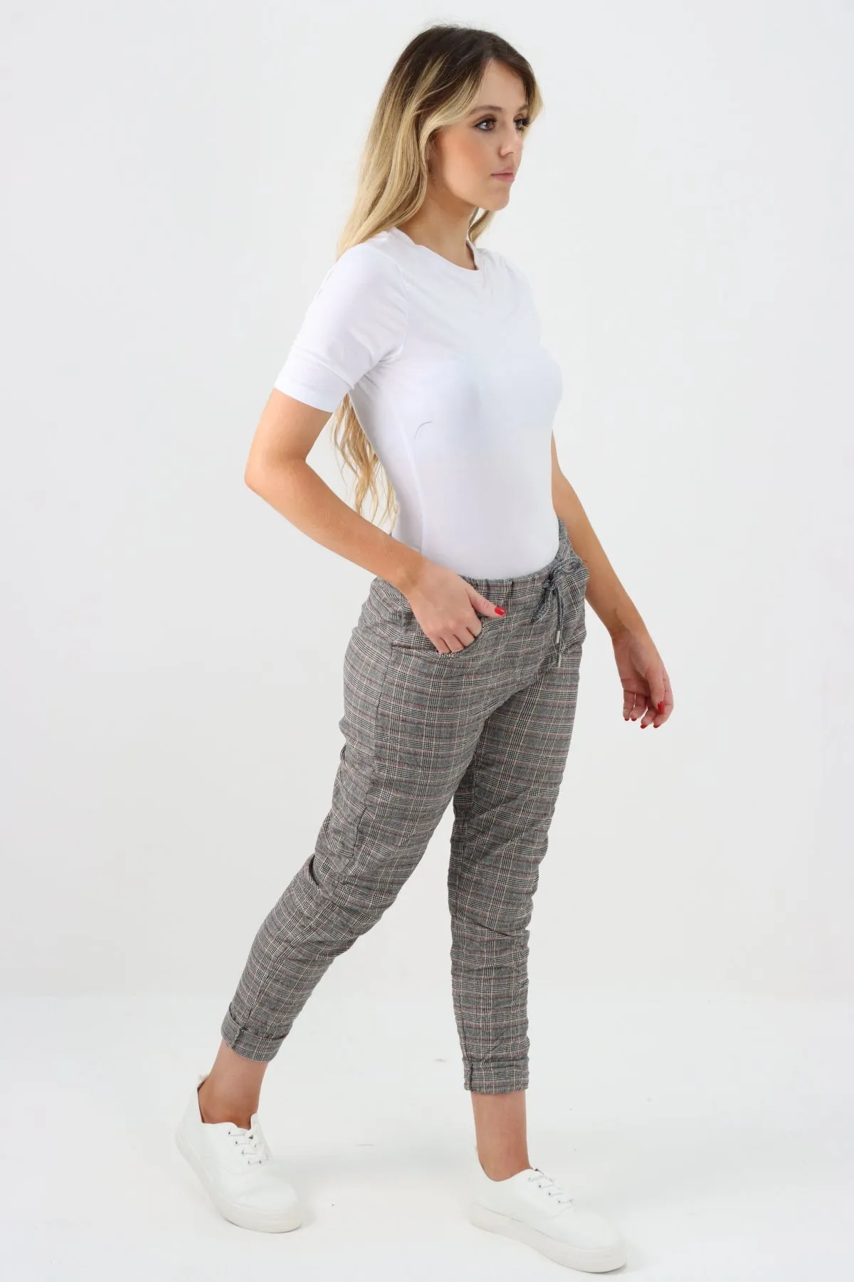 Italian Checked Print Stretch Magic Pants