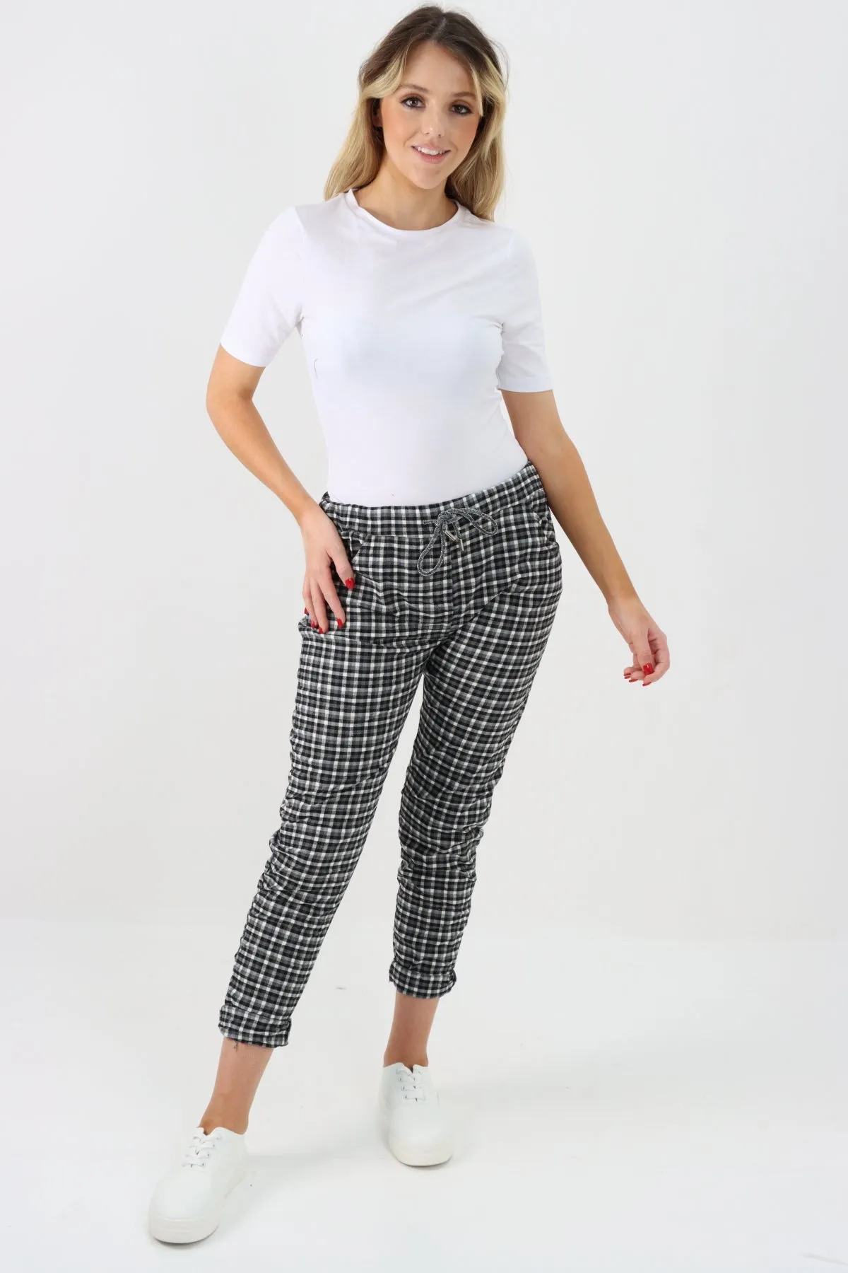 Italian Checked Print Stretch Magic Pants