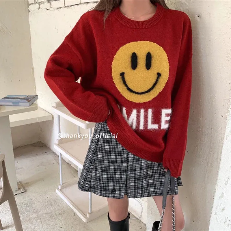 Joskaa Christmas Gift Smiling face lazy pullover sweater y2k women's autumn and winter  fashion age reduction round neck bottoming sweater 2024