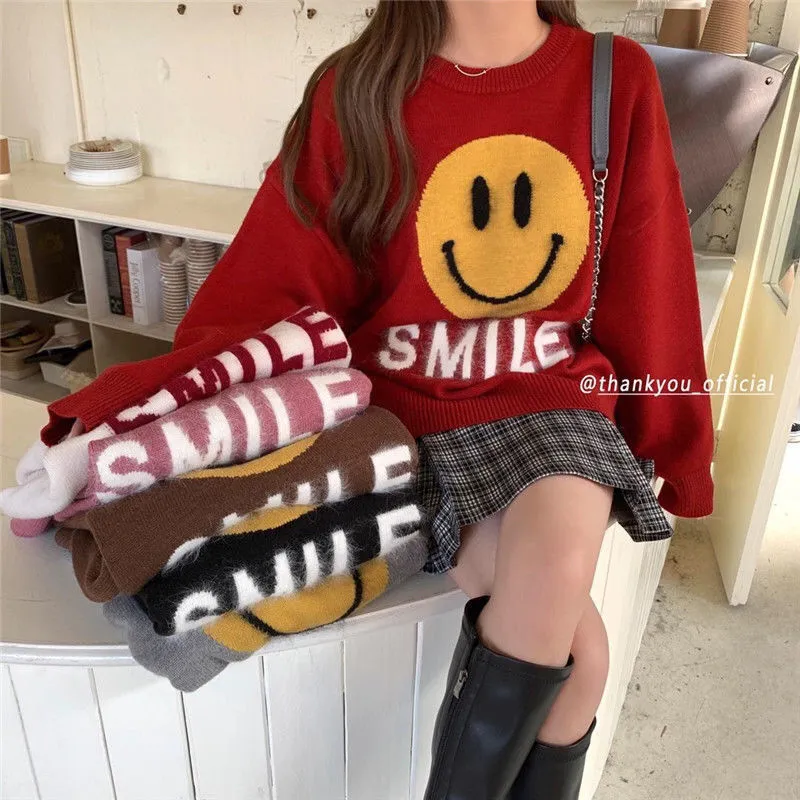 Joskaa Christmas Gift Smiling face lazy pullover sweater y2k women's autumn and winter  fashion age reduction round neck bottoming sweater 2024